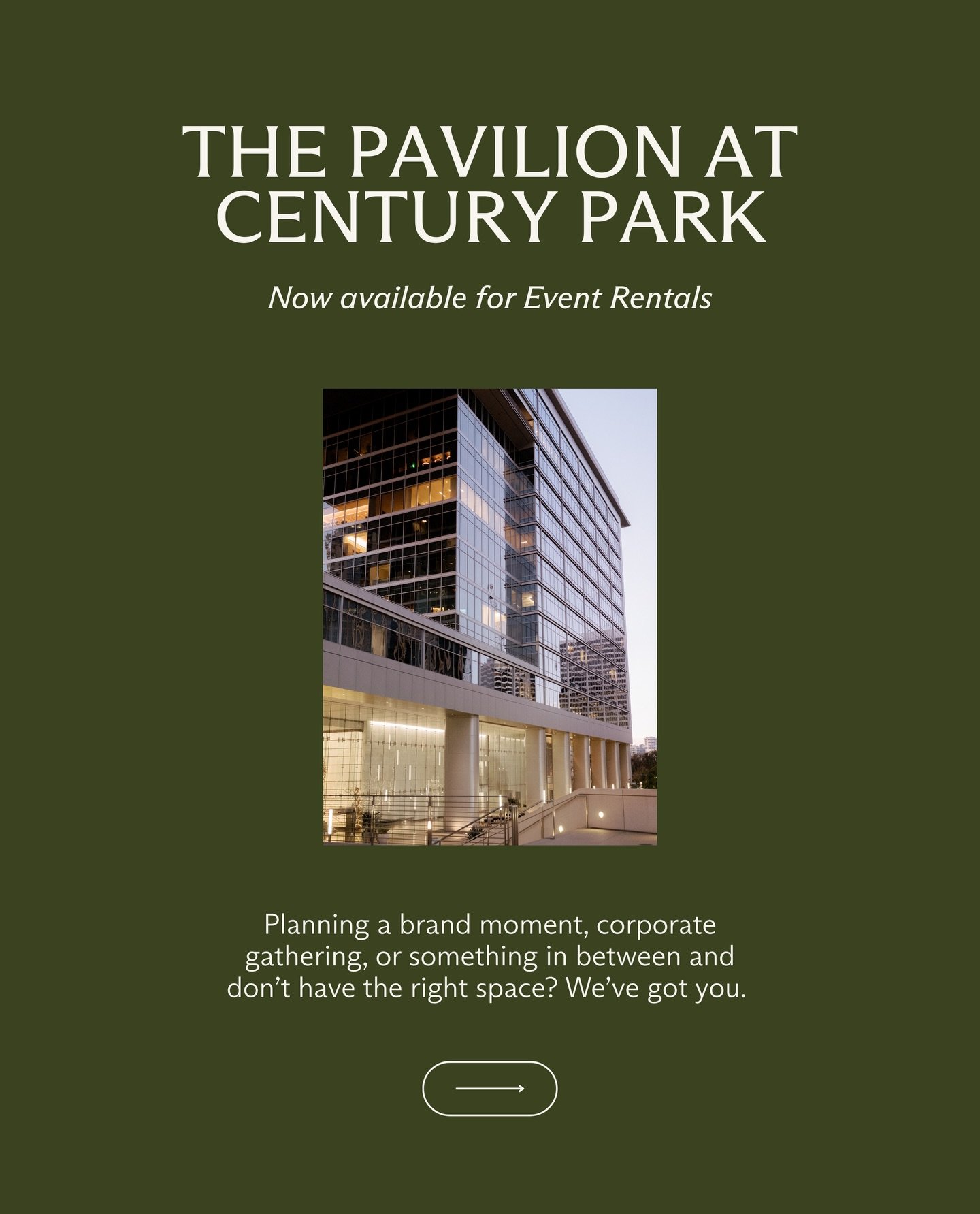 A flexible indoor venue with an outdoor patio, designed to host everything from elevated meetings to full-scale events&mdash;right in the heart of Century Park.
.
.
.
.
#centurycity #centurypark #losangeleseventspace #corporateeventplanning #luxuryof