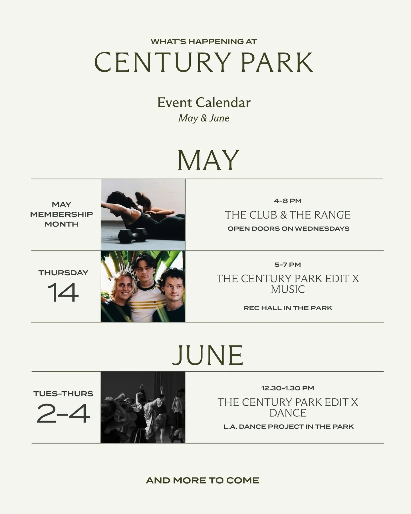 A glimpse into May and June at Century Park.
The Edit expands into music and dance, with new ways to gather throughout the week. See you there!
.
.
.
.
#centurycity #centurypark #officeevents #luxuryoffice #losangelesoffice