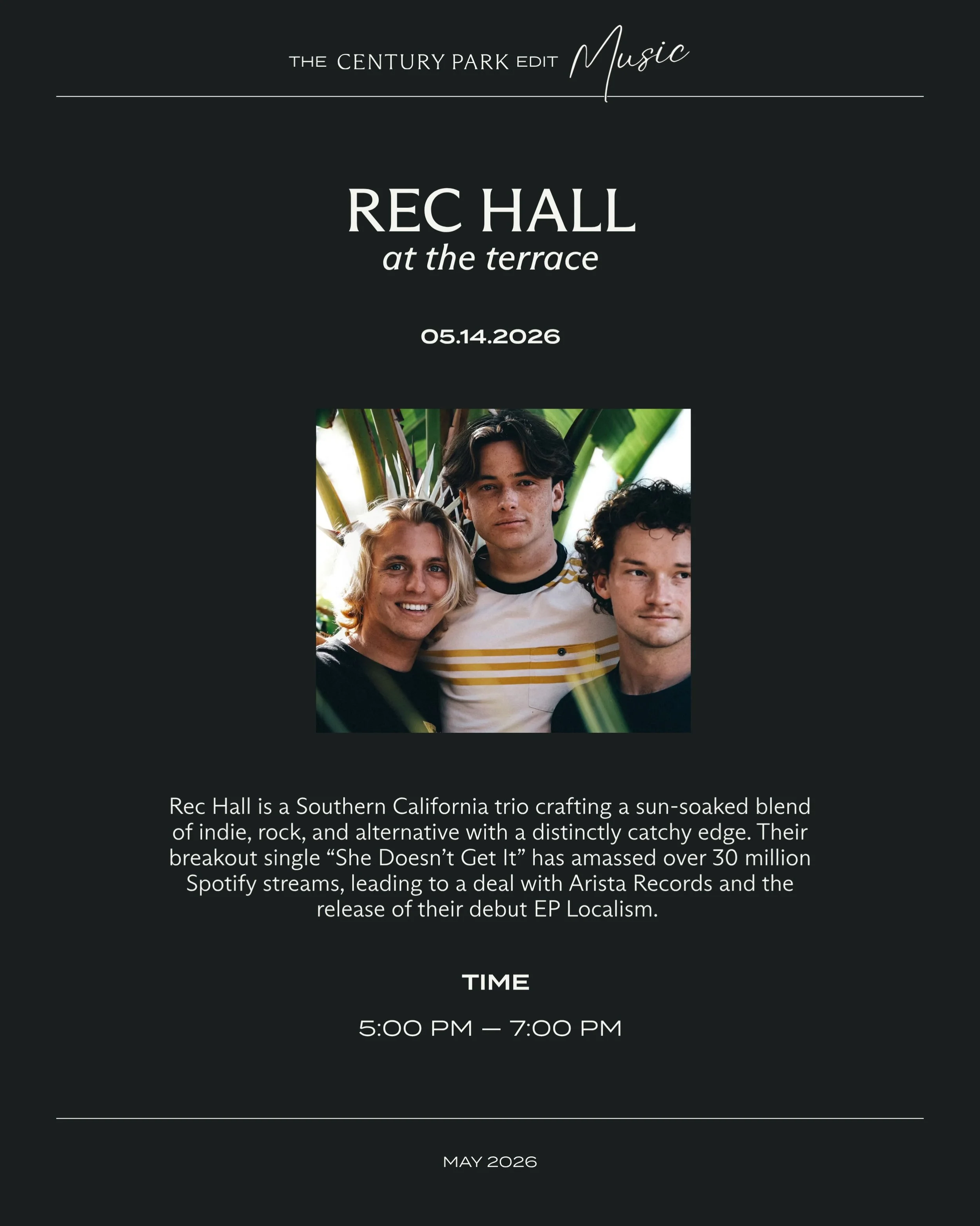 Join us at The Terrace this Thursday for a live session with @rechallmusic, plus open bar and snacks for all Century Park tenants.
.
.
.
.
#centurycity #centurypark #luxuryoffice #losangelesconcerts #centurycityevents