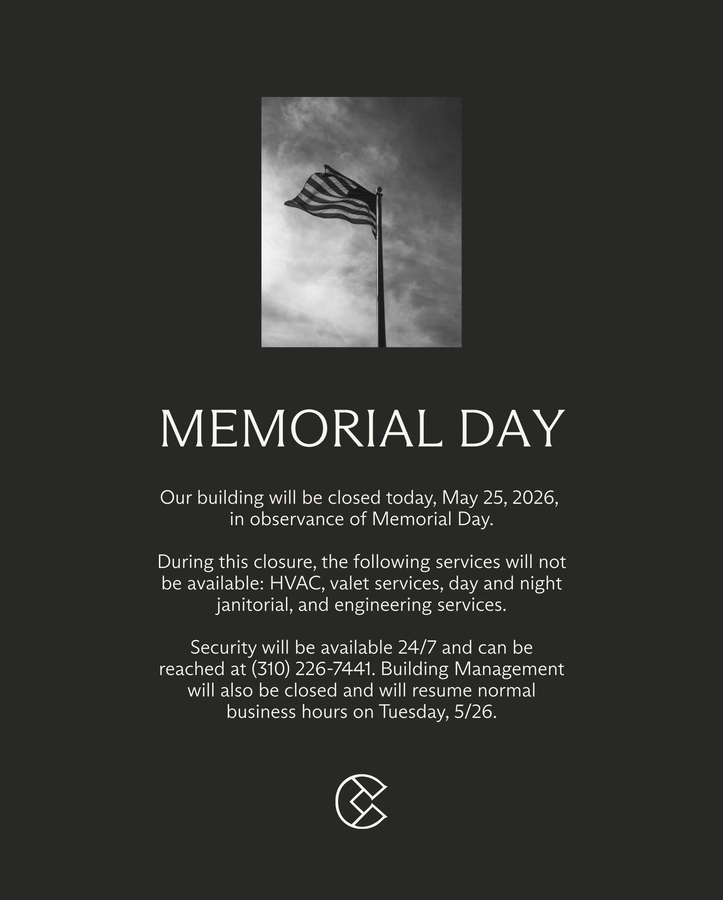 Century Park will be closed today in observance of Memorial Day. Wishing all tenants a safe and restful long weekend. 🇺🇸
.
.
.
.
#centurypark #centurycity #memorialday2026 #losangelesoffice #luxuryoffice