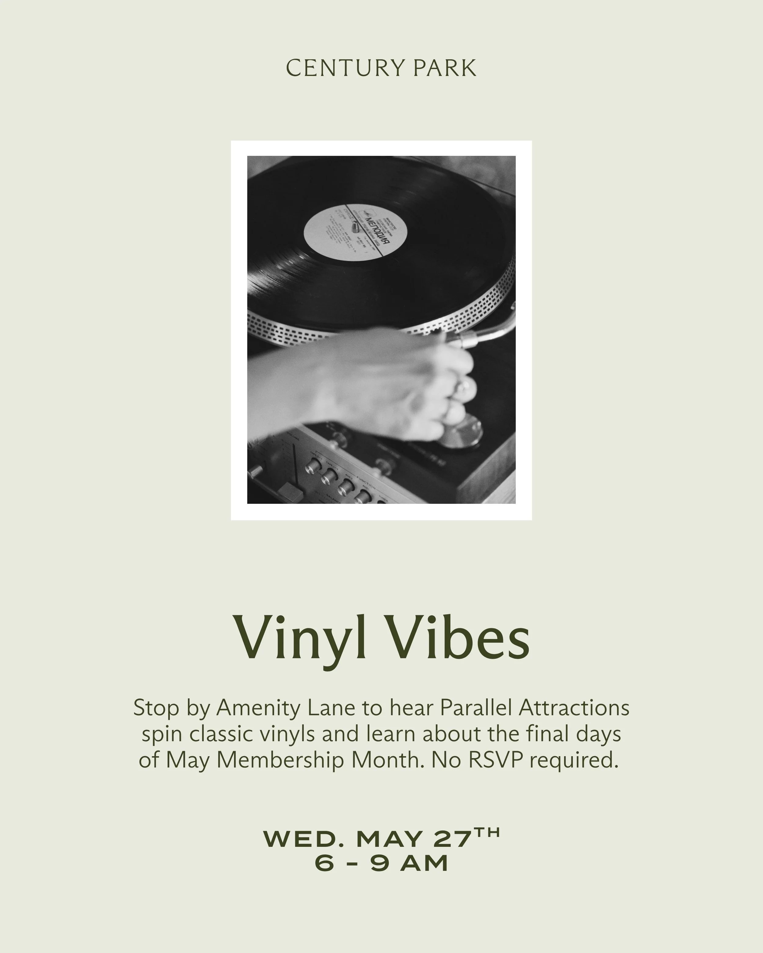 Tomorrow morning at Amenity Lane. Vinyls by @parallelattractions, coffee in hand, and the final days of May Membership Month. Stop by from 6&ndash;9 AM &mdash; no RSVP required.
.
.
.
.
#vinylsession #centurypark #centurycity #losangelesoffice #losan