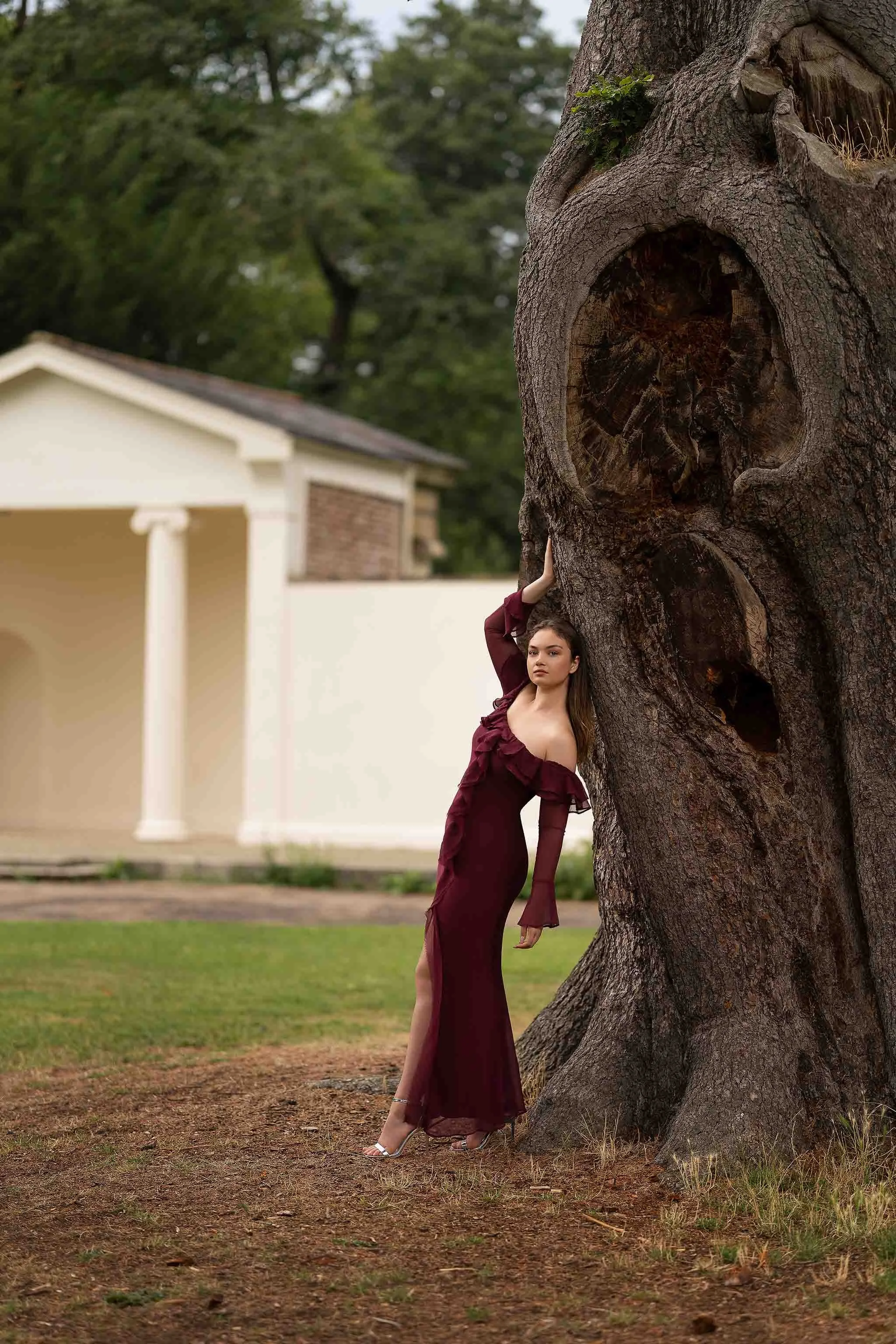 Timeless outdoor portrait of a woman in a deep burgundy gown posed beside an ancient tree—elegant, striking, and rich in texture and contrast.