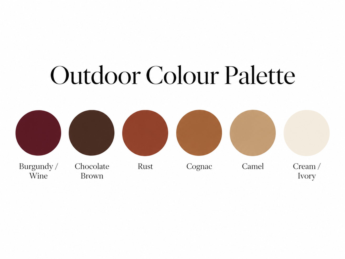 Outdoor Christmas photoshoot colour palette with burgundy, chocolate brown, rust, cognac, camel and cream tones.