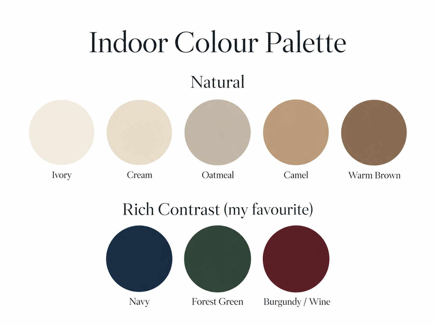 Indoor Christmas photoshoot colour palette with natural neutrals and rich contrast tones including navy, forest green and burgundy.