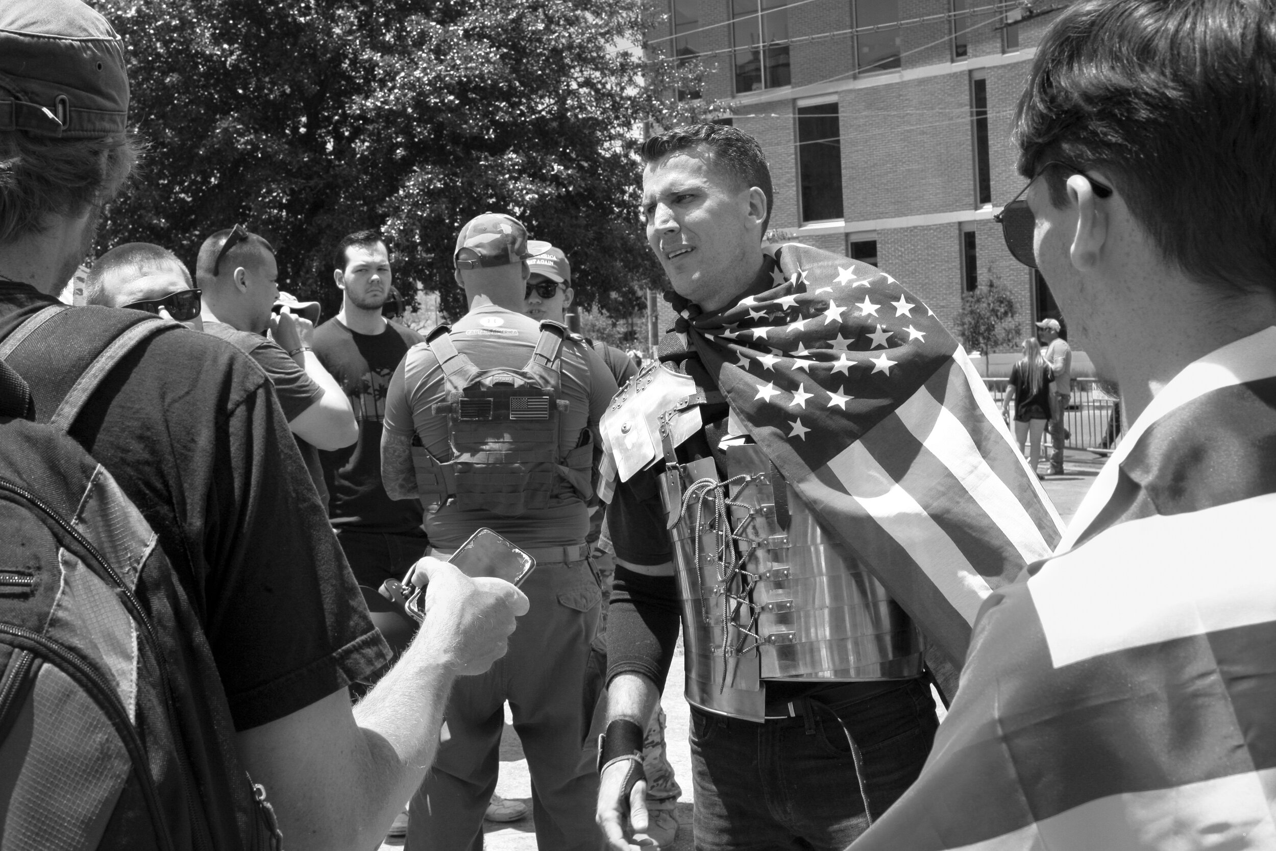 "Alt-Right" counter-protestor (center) after being punched in the face by another white nationalist, apparently, after finding out he was Jewish, both present to defend the Confederate monuments
