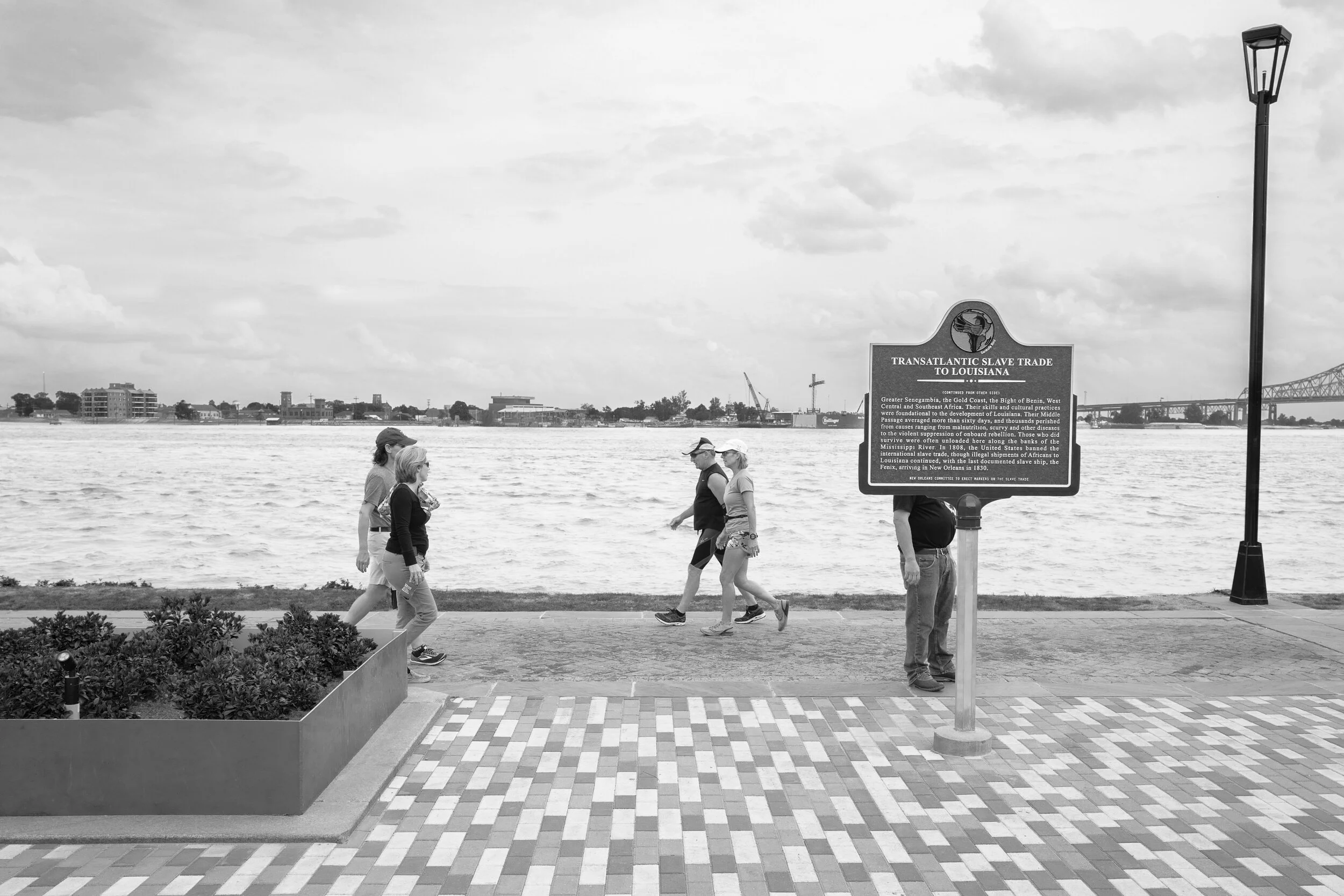 The newly renovated "Moonwalk" along the Mississippi River for the first time displayed a sign that acknowledged and detailed the city's history related to the Trans-Atlantic Slave Trade and the significance of various African skills and cultures in 