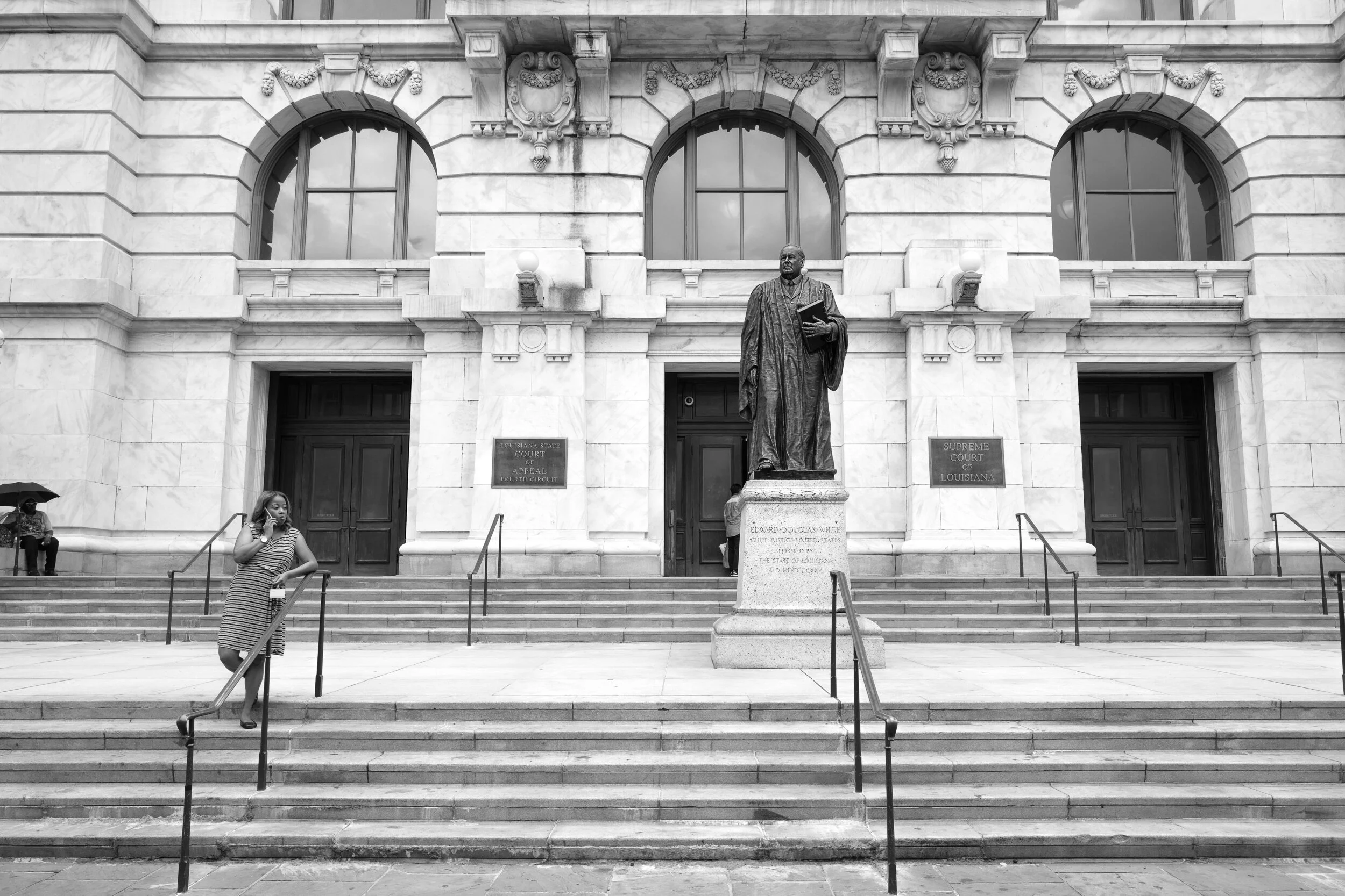 Statue of Supreme Court Justice Edward Douglas White who ruled in favor of "separate but equal" segregation in the 1896 Plessy v. Ferguson case decision, also a member of the white supremacist militia the Crescent City White League [xv]