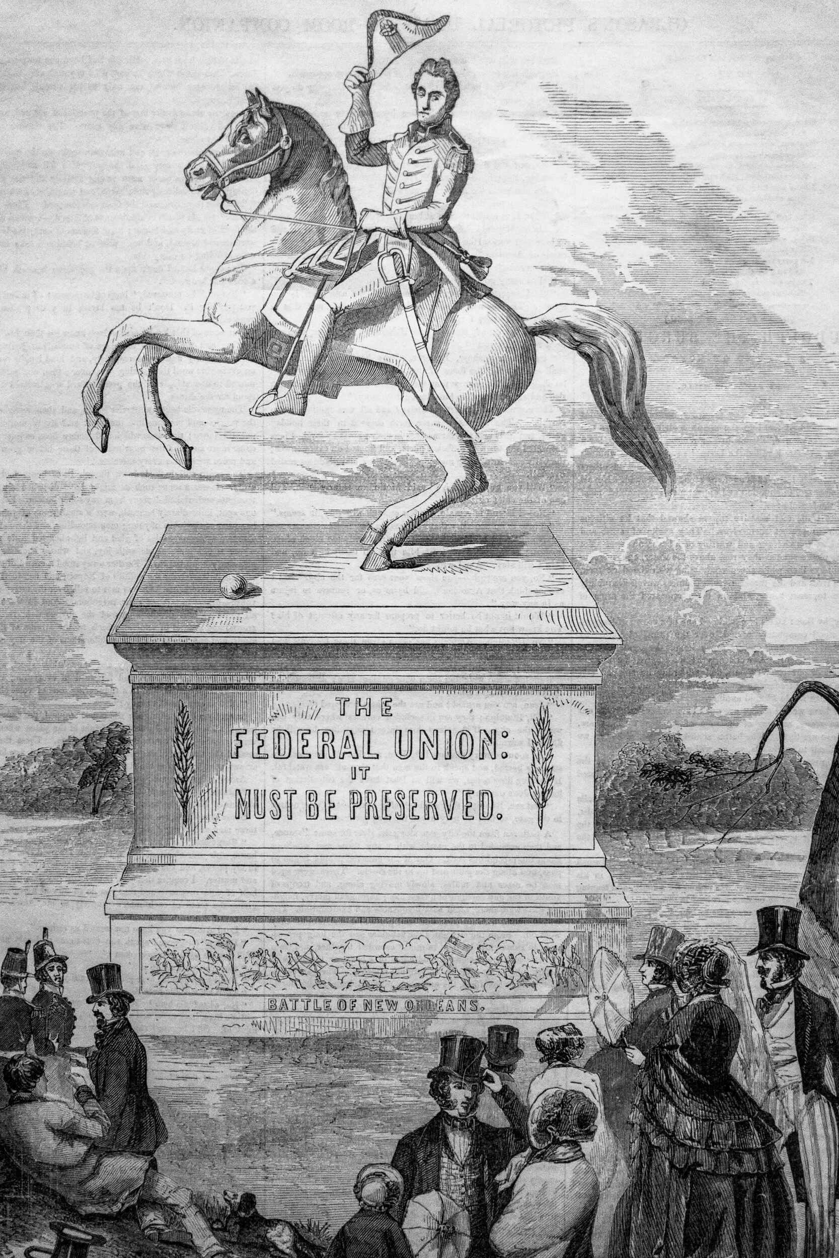 An old print depicting a gathering at the statue of Andrew Jackson in Jackson Square, another statue of contention in the city's communal reexamination of public memory
