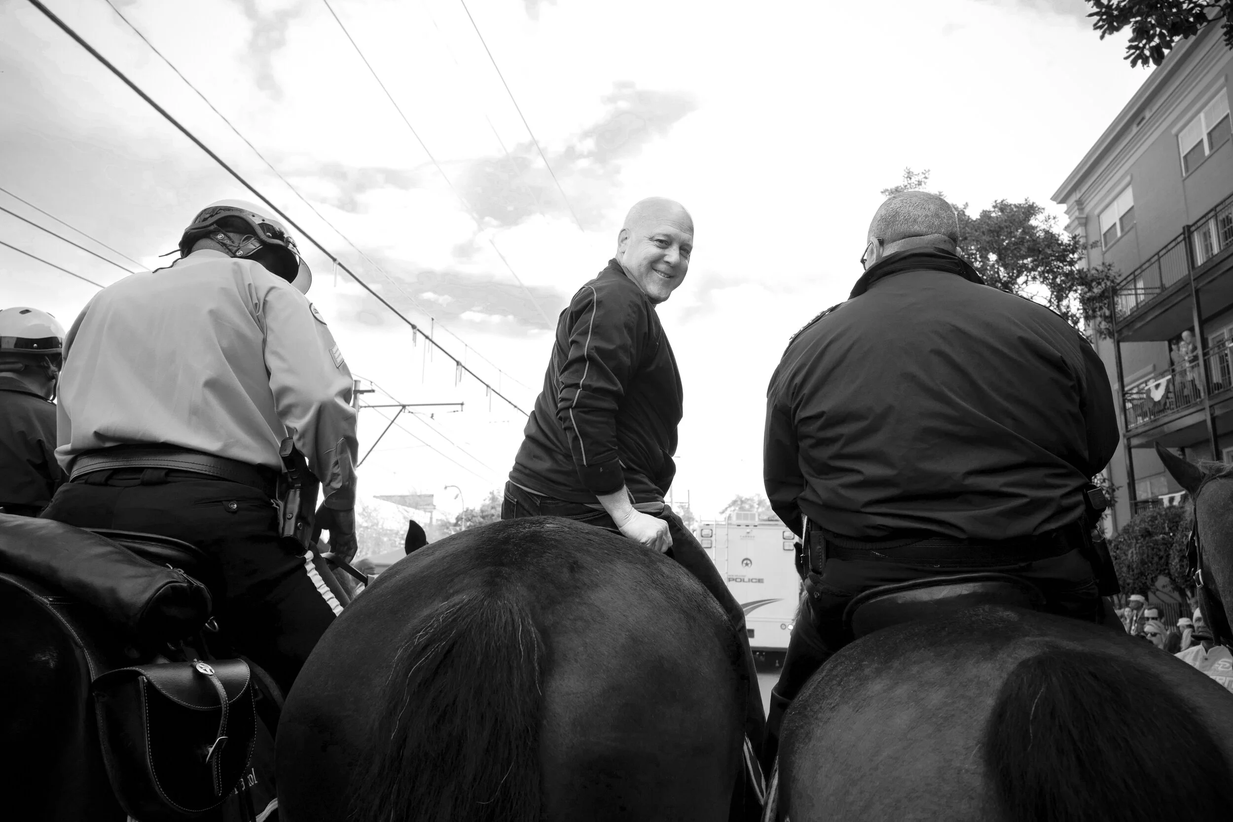 Outgoing Mayor Mitch Landrieu on horseback, strong proponent for the removal of Confederate monuments 