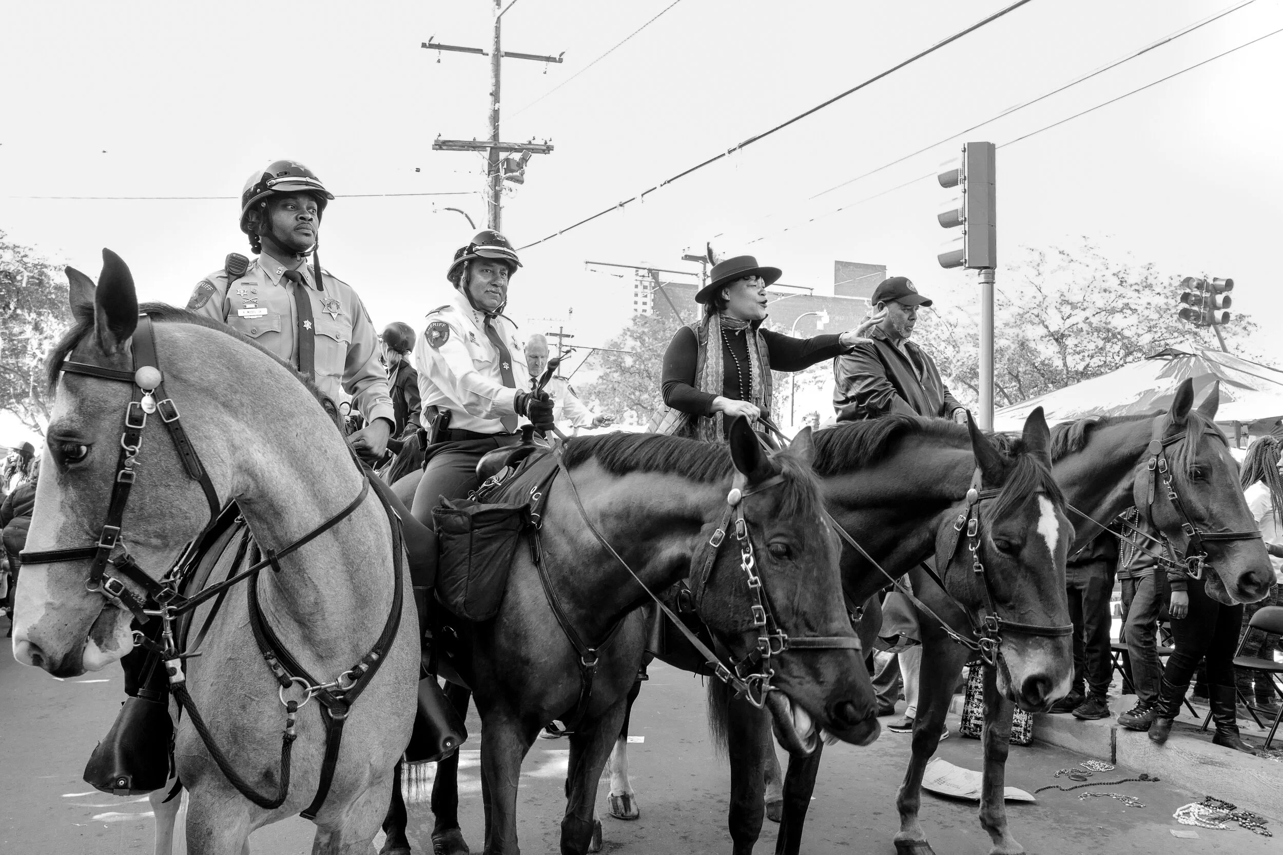 Incoming Mayor Latoya Cantrell (center) on horseback, previously a member of the city council who voted to remove the four monuments in question