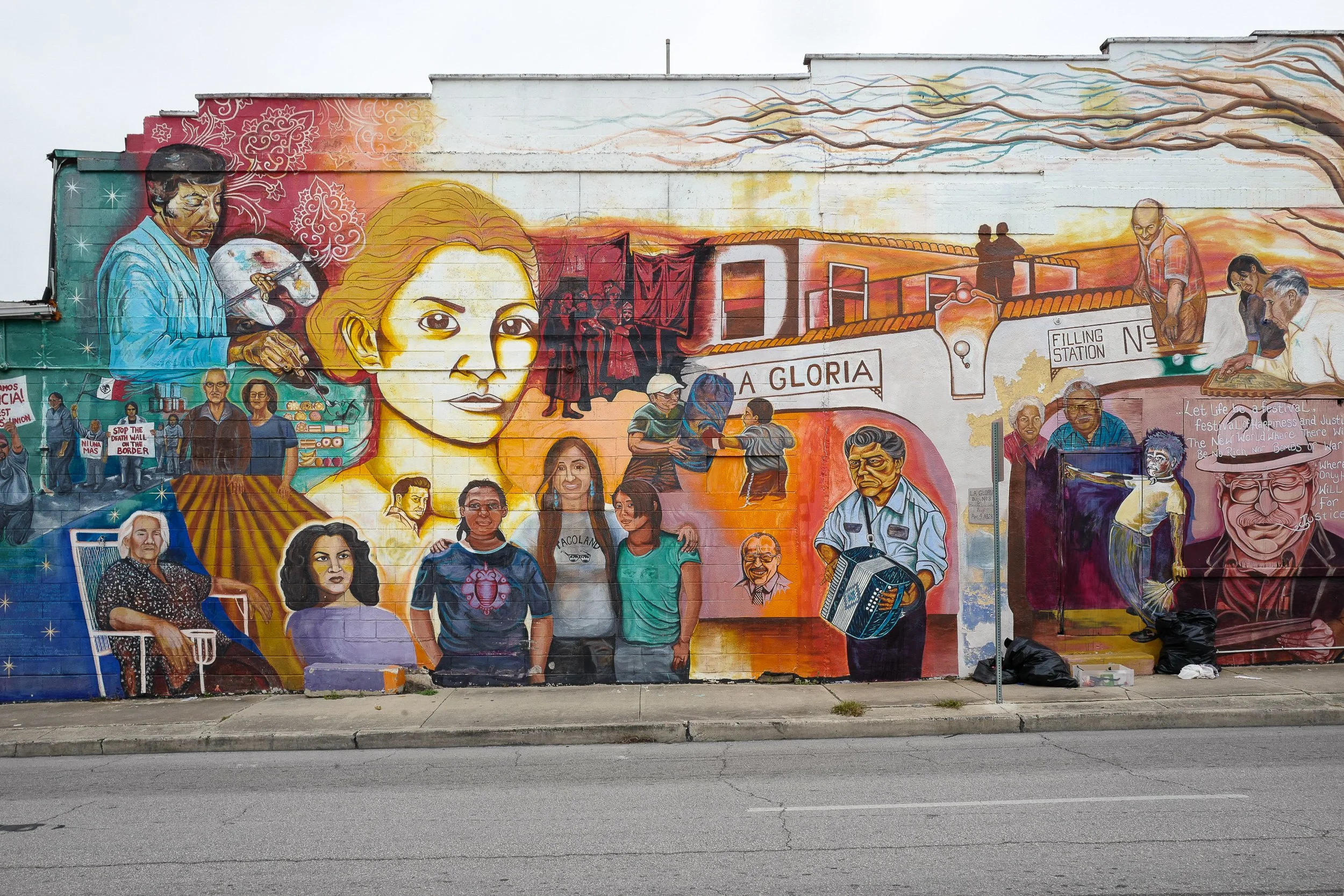 1938 San Antonio Pecan Shellers Strike—Mural of San Antonio’s Westside leaders, featuring labor activist Emma Tenayuca (left of center). At 22, Tenayuca led 12,000 Mexican-American pecan shellers through a strike for union recognition amid heavy repr