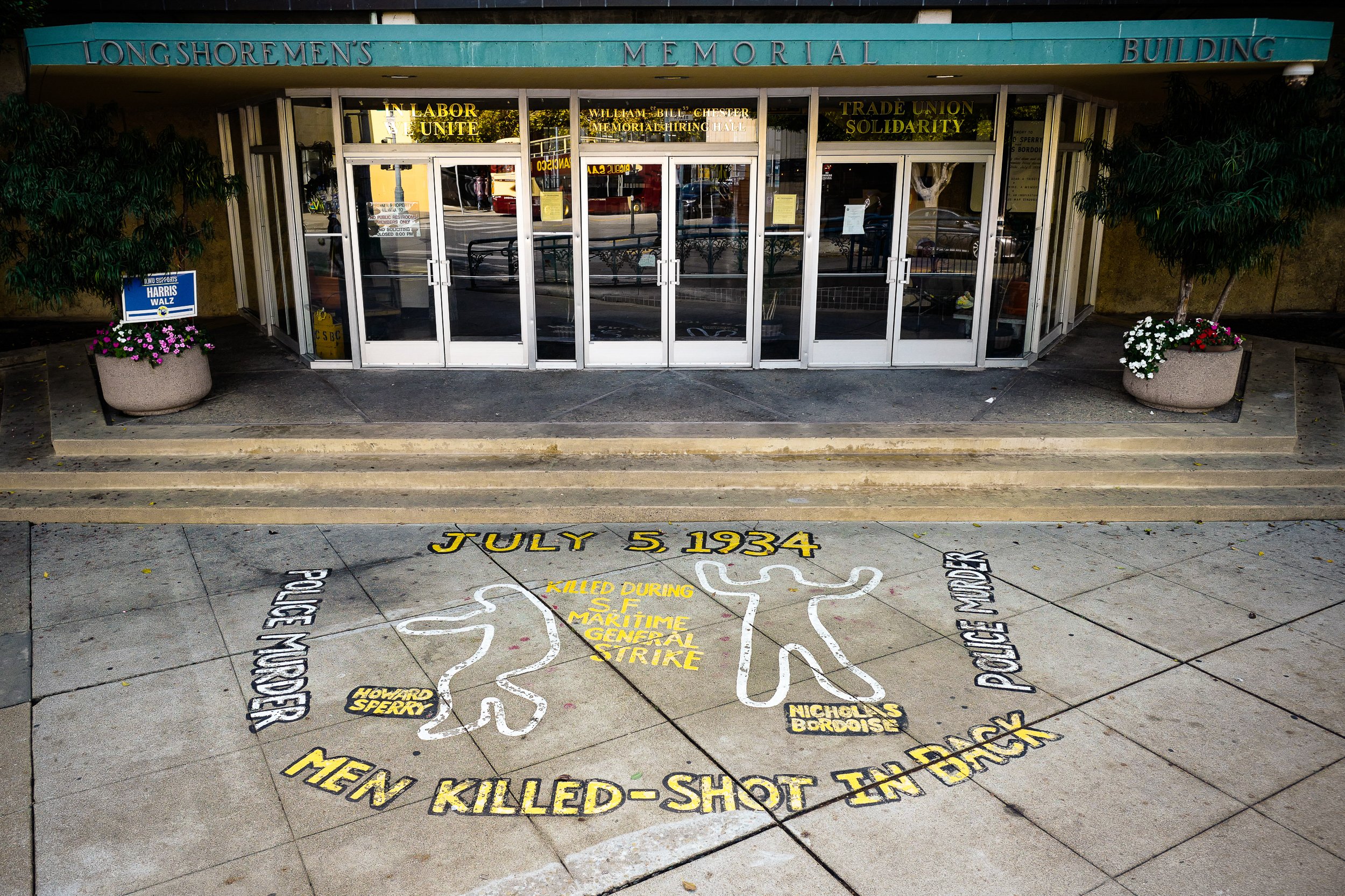 1934 West Coast Waterfront Strike—Memorial at International Longshore and Warehouse Union Local 10 hall honors two workers killed on “Bloody Thursday.” The 1934 strike shut down West Coast ports, led to the San Francisco General Strike and an early v