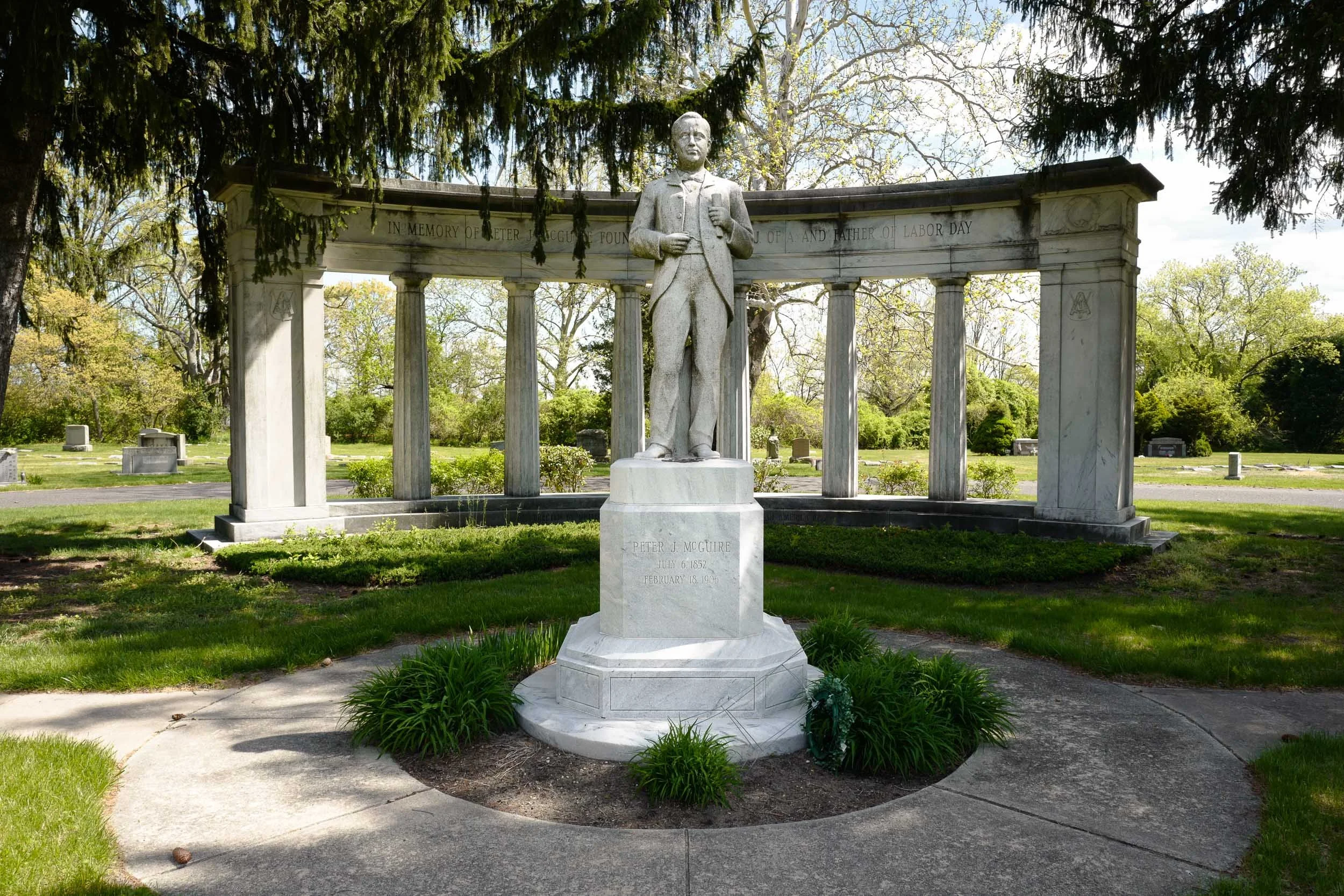 Peter J. McGuire—Memorial honoring Peter J. McGuire, early advocate for the 8-hour workday, co-founder of the United Brotherhood of Carpenters and founding member of the American Federation of Labor. Known as the “Father of Labor Day,” he also helped