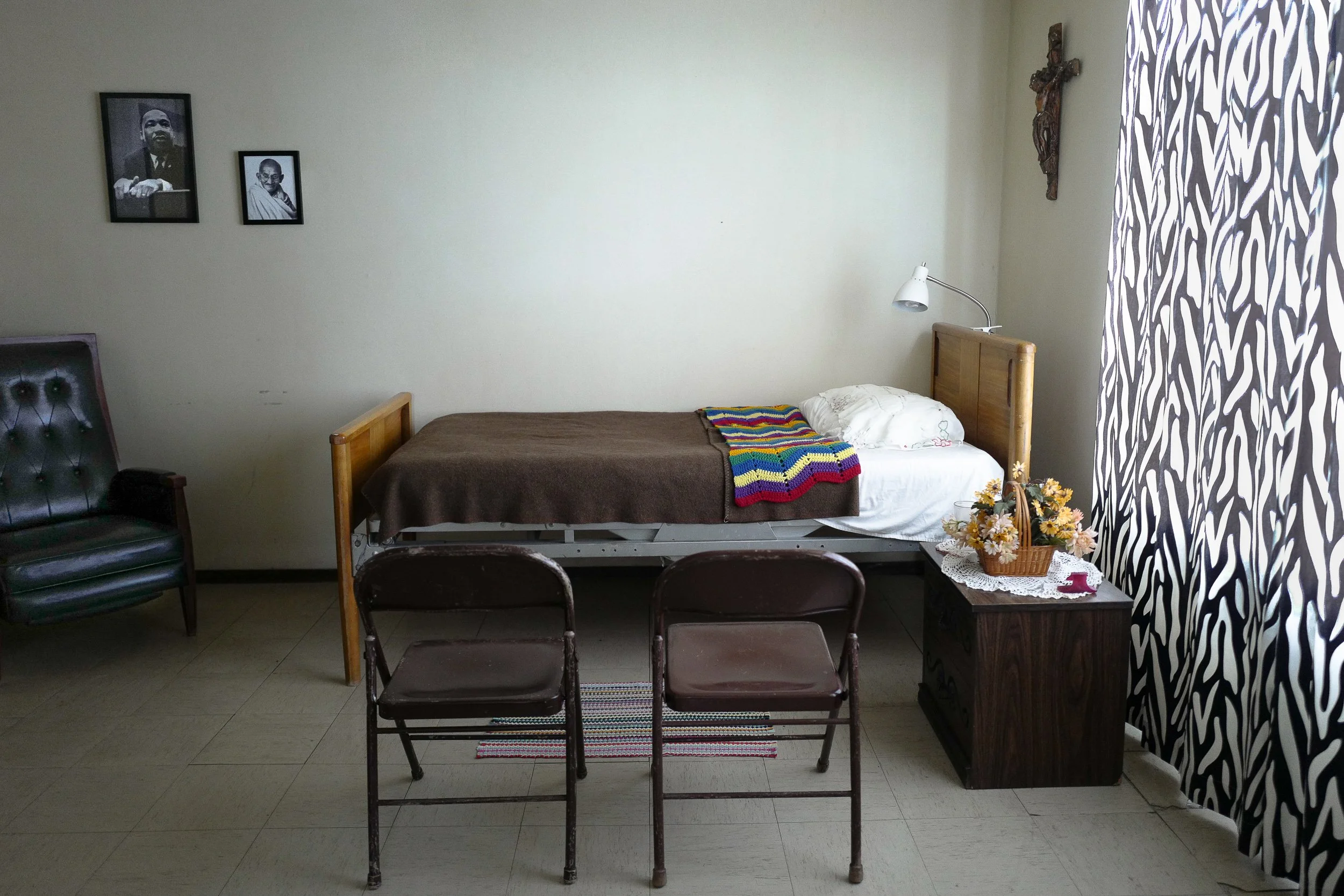 Cesar Chavez—Room in Agbayani Village where Cesar Chavez held his final fast in 1988 to protest pesticide harm in farmworker communities. Chavez, known for his Gandhian tactics and Catholic symbolism, is revered as a champion of Mexican-American labo