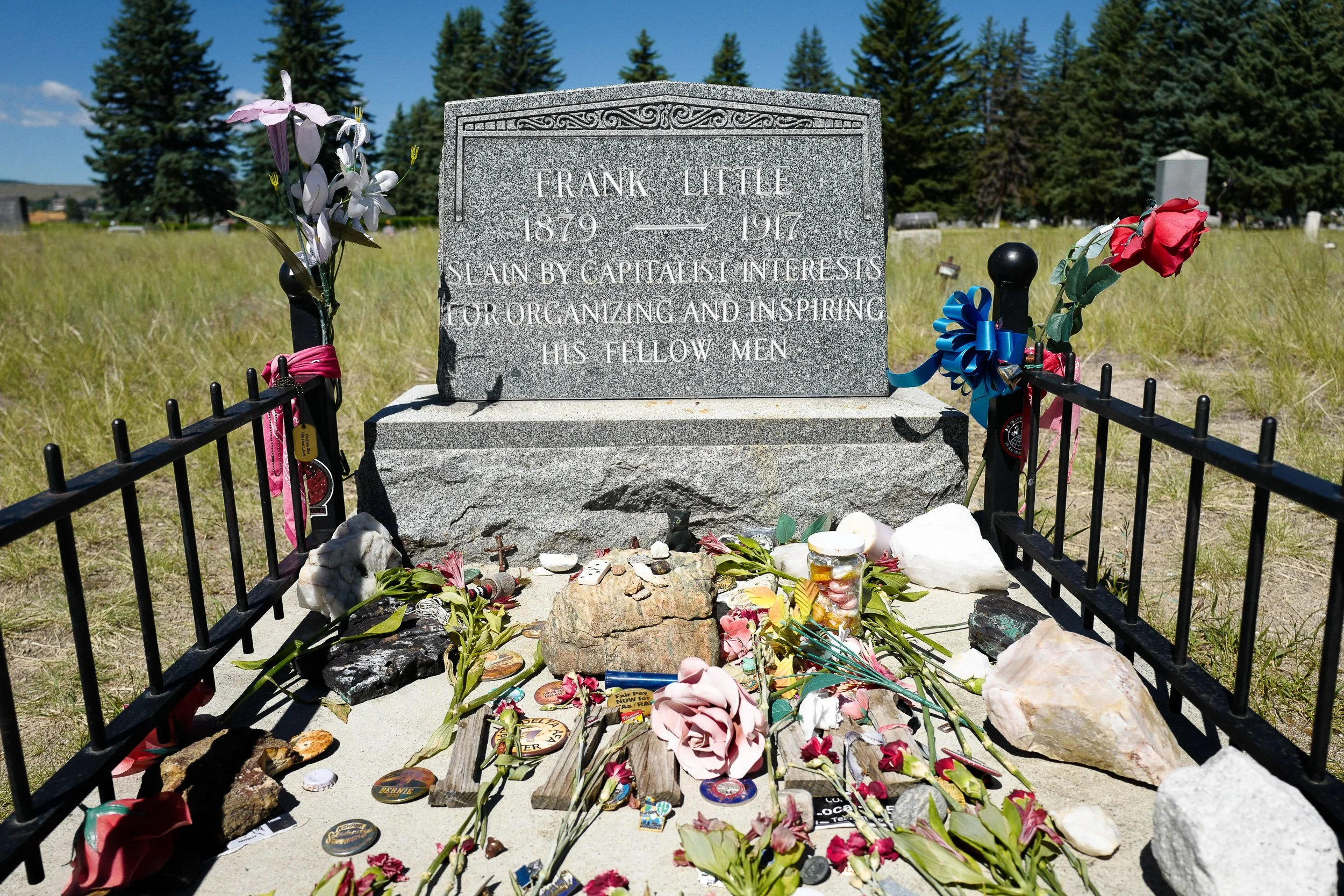 1917 Lynching of Frank Little—Adorned gravesite of International Workers of the World martyr Frank Little: “SLAIN BY CAPITALISTS FOR ORGANIZING AND INSPIRING HIS FELLOW MAN.” Little was brutally lynched for speaking out against the copper trust on be