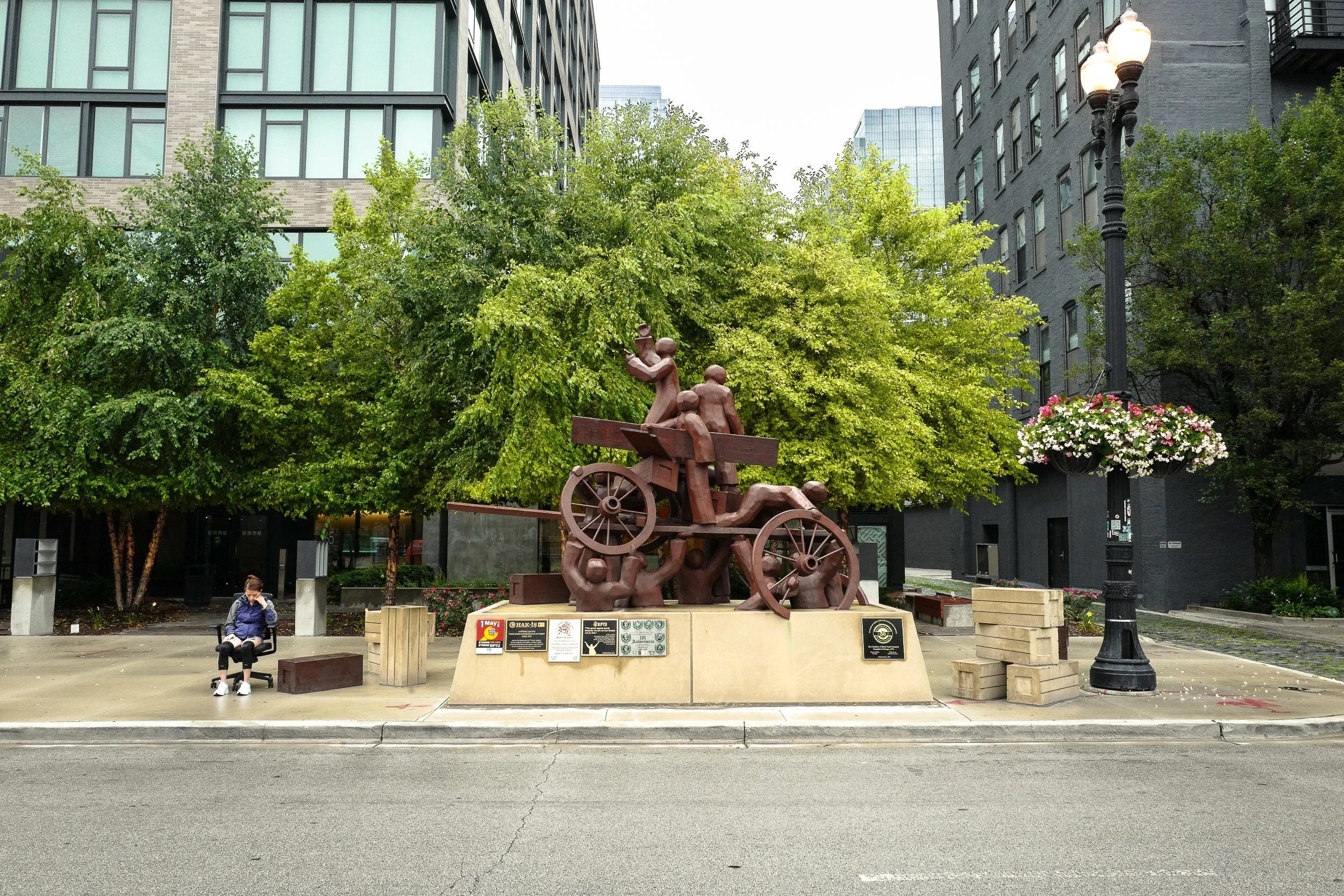 1886 Haymarket Affair—The Haymarket Memorial stands at the site of the most notorious event in American labor history. During a rally of striking workers demanding an eight-hour workday, a rogue actor threw a bomb towards onlooking police. The result