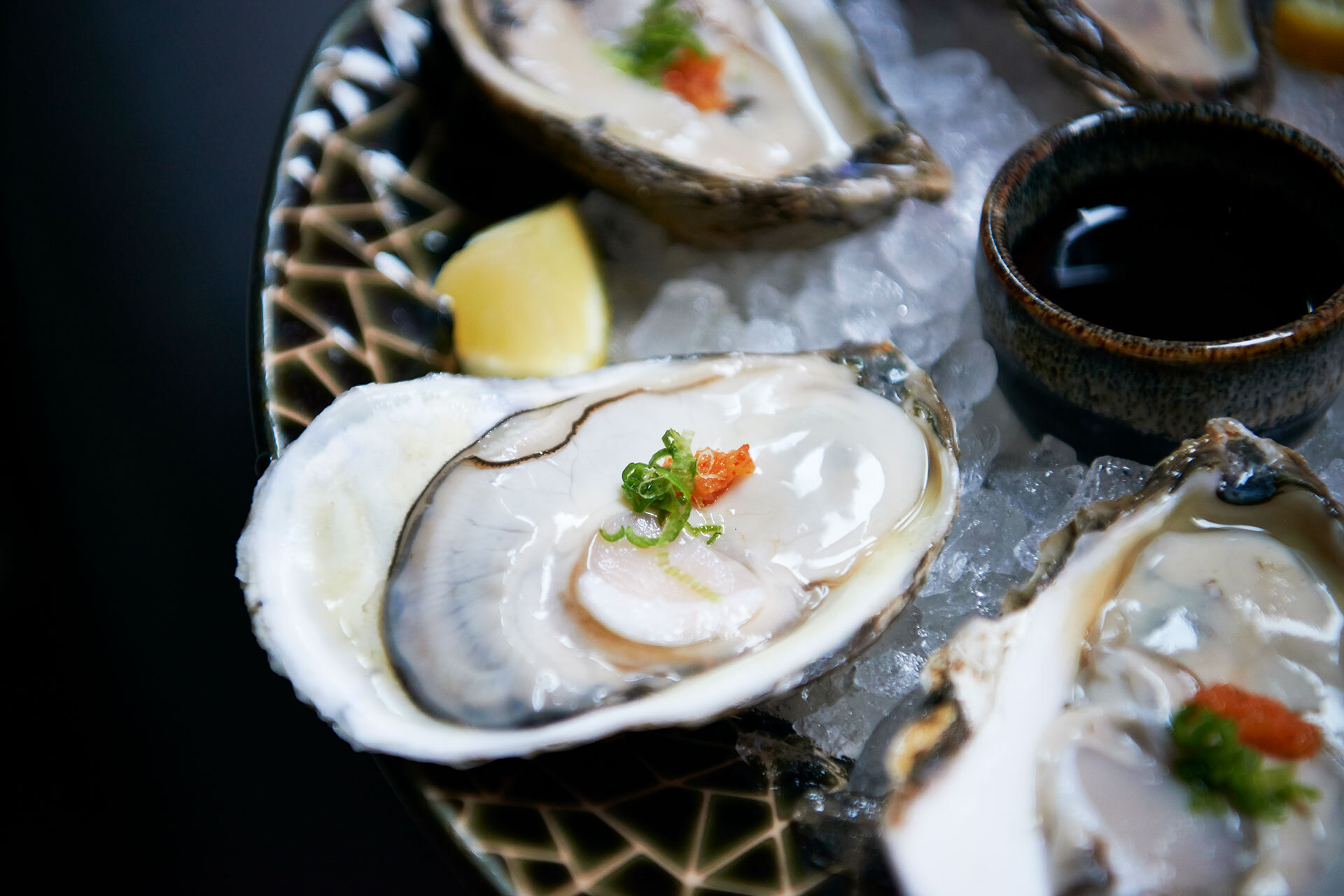 Fresh Oysters garnished on a plate.