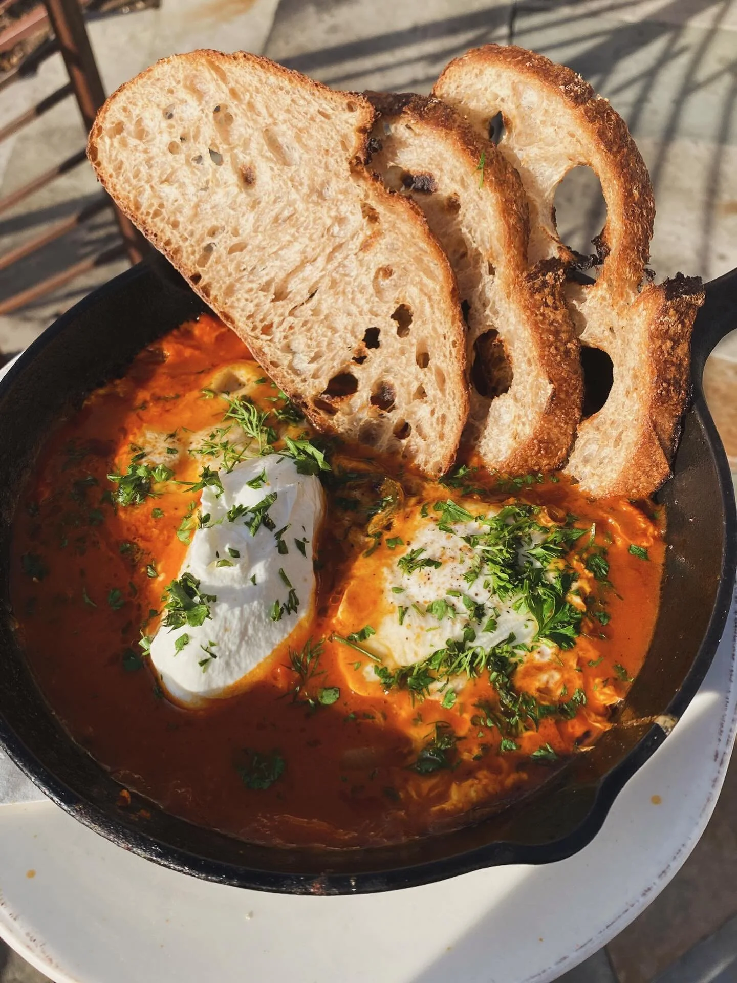 Sheesh it&rsquo;s been a little cold huh?? Come warm up with our Shakshuka, this warmly spiced stew is equivalent to the feeling of your fav fuzzy sweater and matching gloves 🧶🧤🍅🍞 two eggs come poached in the stew, Greek yogurt, herbs, served wit