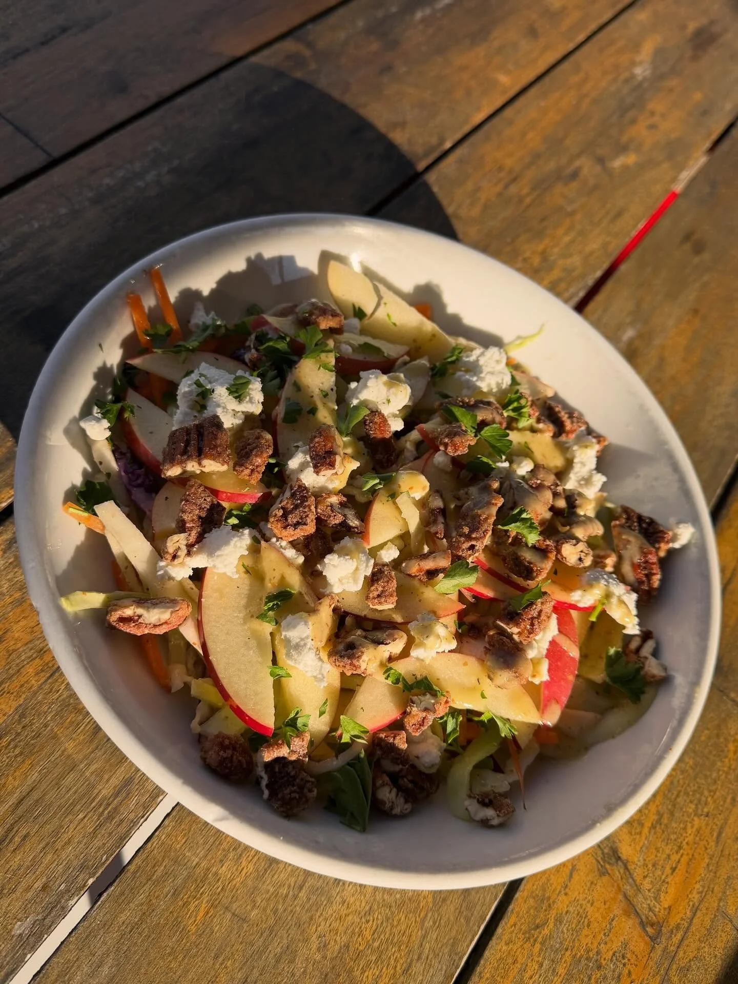 Yall been snackin on the winter storm treats as much as we have?? Well this fresh and delish Apple and Cabbage Salad will help brighten it all up 🥗 sliced apples, shredded cabbage, candied pecans, goat cheese, mustard vinaigrette! Go ahead and add t