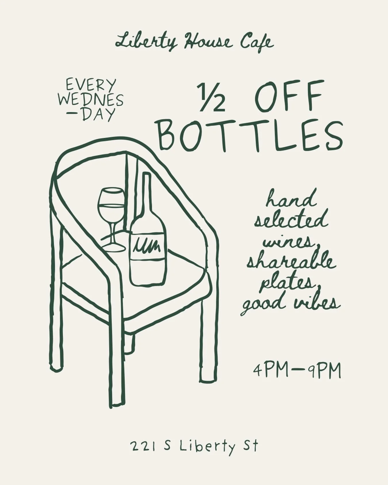 Evenings will continue from here on out Wednesday - Saturday every week!! Come see us this Wednesday for HALF OFF WINE BOTTLES and scrumptious noshes. Best patio in town. We&rsquo;ve hand selected these wines for y&rsquo;all and would love for you to