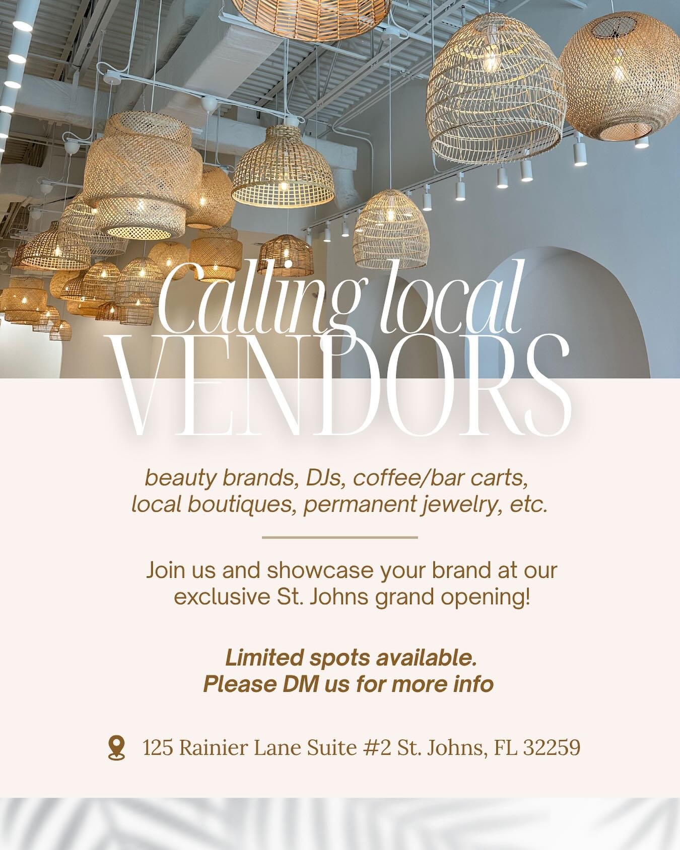🌿 CALLING LOCAL VENDORS 🌿

We&rsquo;re opening our doors in St. Johns and would love to feature local brands at our Grand Opening celebration! 

🫶🏼 Connect with like-minded, beauty loving creators
🛍️ Showcase your brand in a serene, curated spac