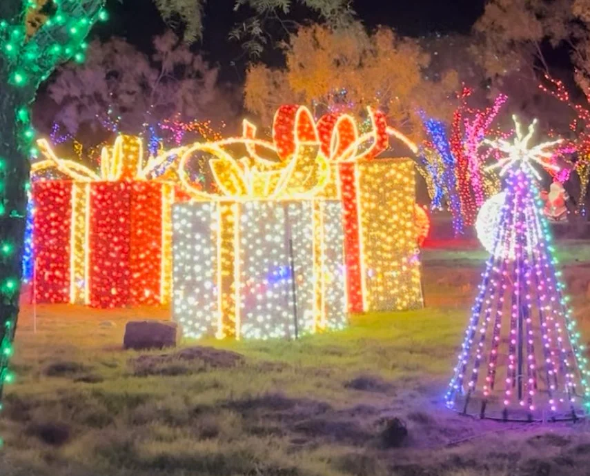 Large Presents as Decor Red, Gold and White.