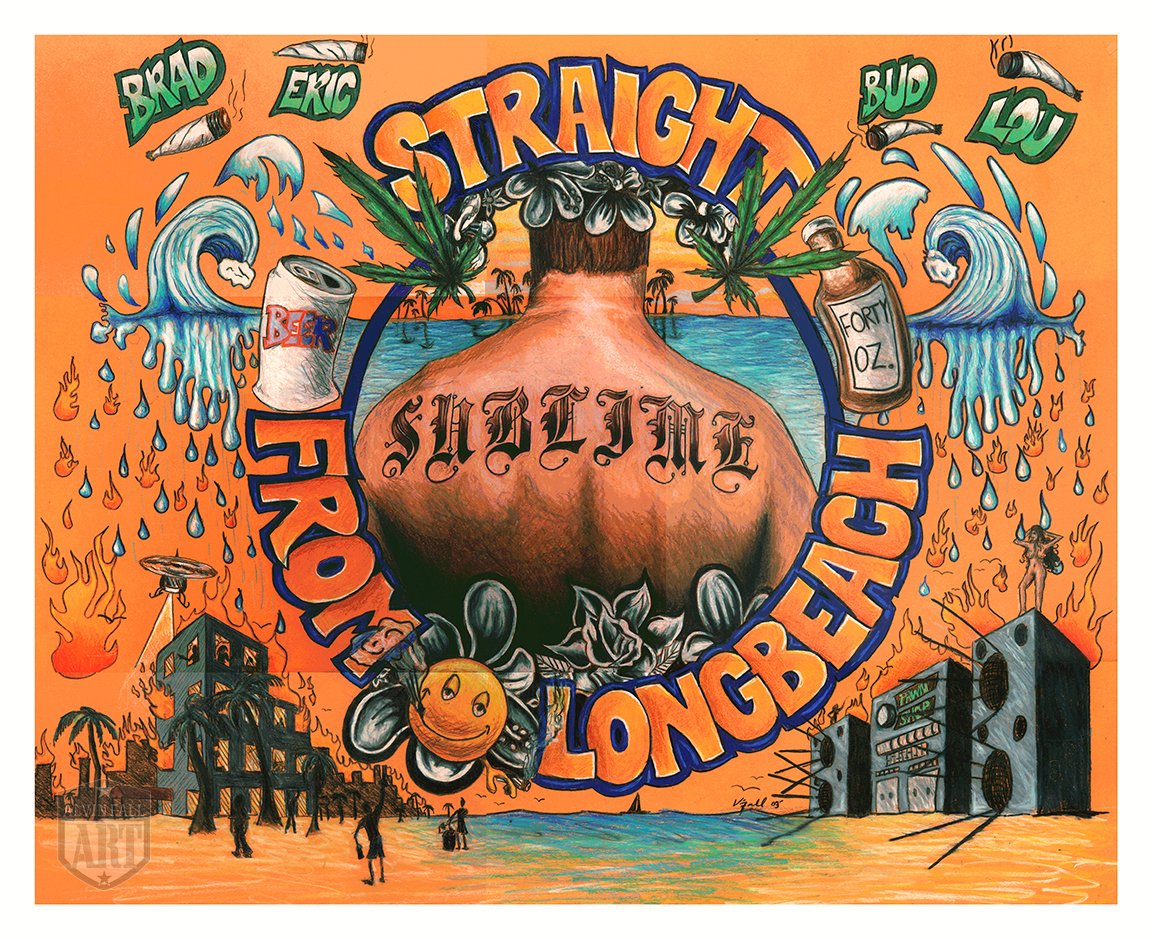 Sublime Band Artwork; Photo-realist image of Brad Nowell with Sublime tattoo on back, standing on beach with back to viewer; orange background, party scene in background; colored pencil. 32" x 40"; Artwork by Alvin Fall (2003)