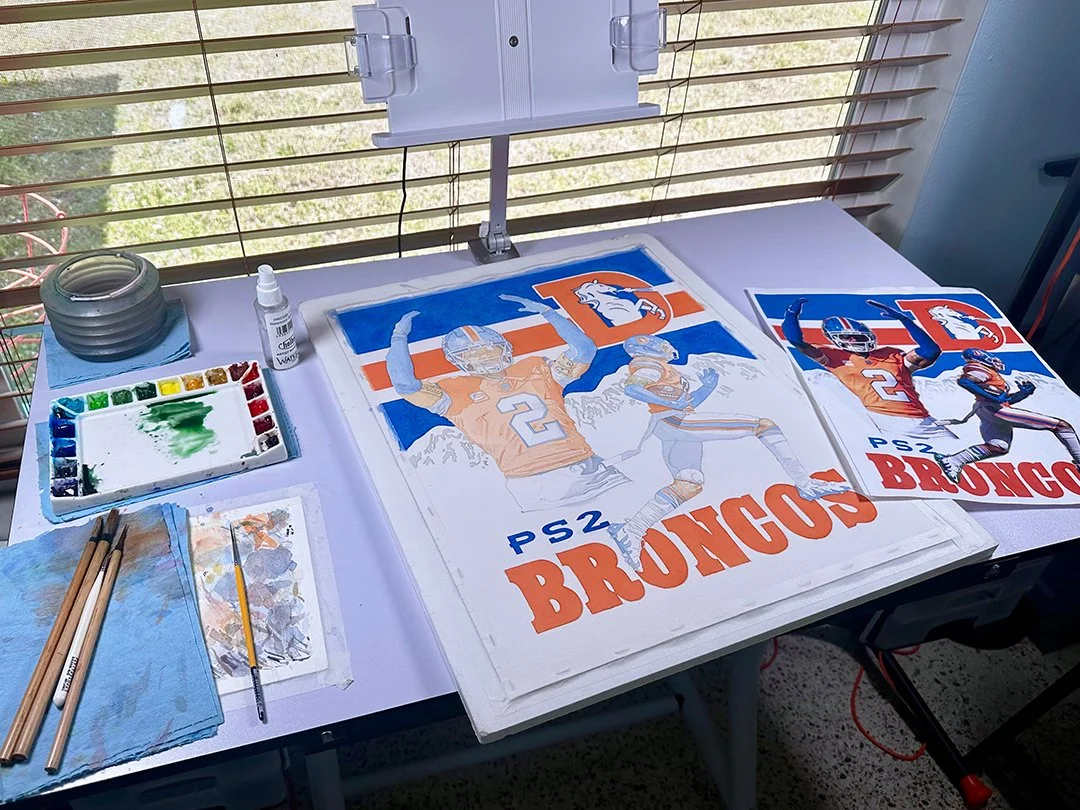 Pat Surtain II watercolor painting in progress at Alvin Fall's studio in Sarasota, Florida.