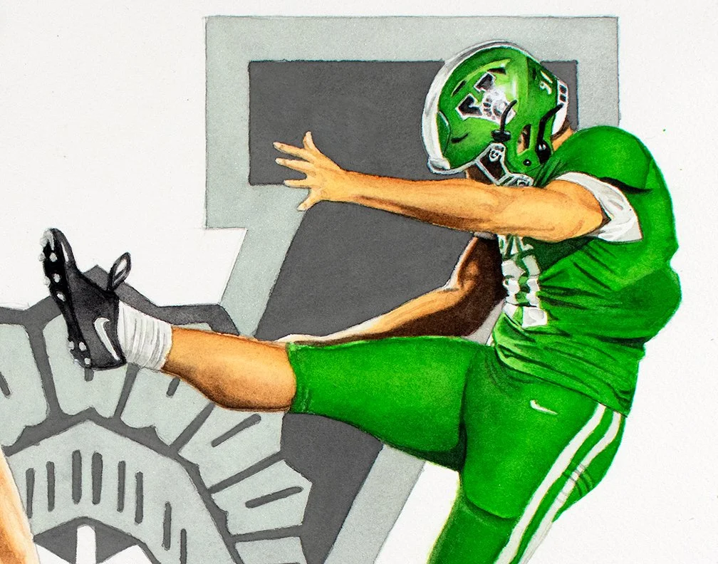 A detailed close-up of James Reynolds #81 in his Venice Indians uniform, showcasing the intricate watercolor work on his helmet, face, and jersey details.