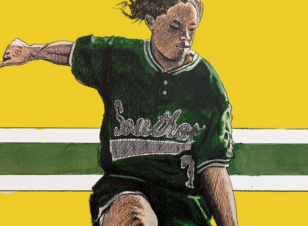 Original watercolor and colored pencil illustration of a Missouri Southern State University softball player fielding a ground ball in green uniform, set against a bold yellow and green background