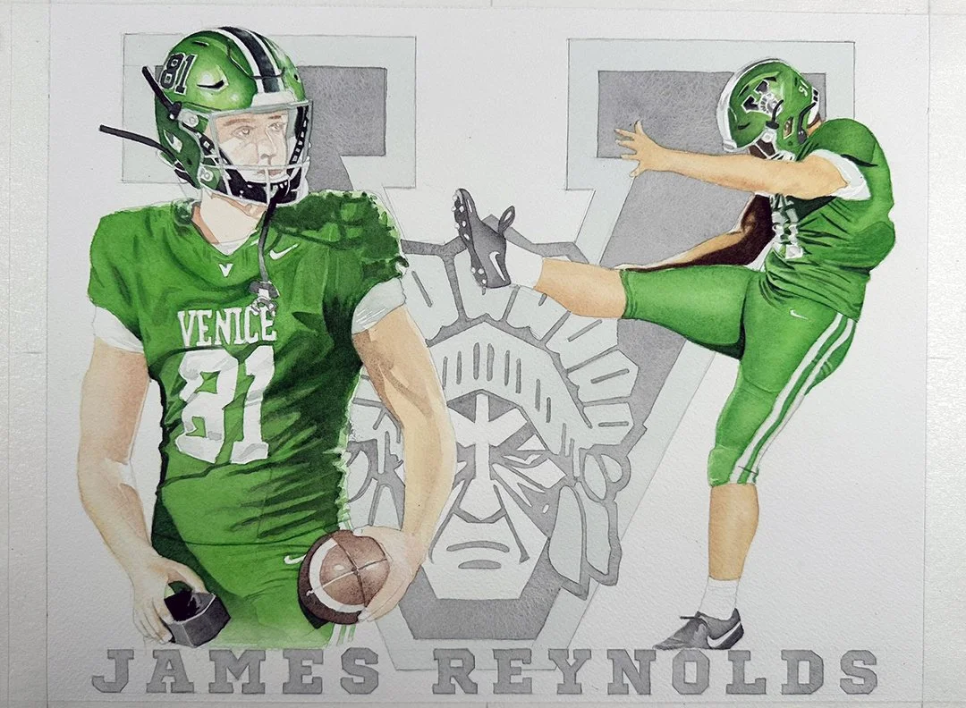 The painting nears completion — the uniforms, helmets, and background logo are fully rendered while the final detail work on the faces and arms remains, showcasing the layered watercolor process from broad washes to fine finishing touches.