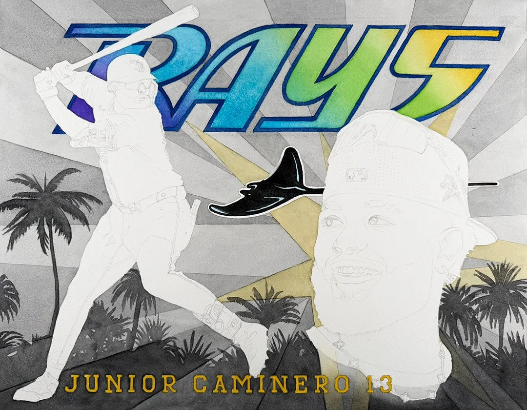 Rays logo and stingray phase of Junior Caminero watercolor painting by Alvin Fall
