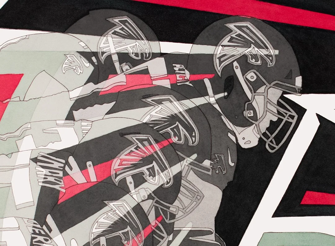 Close-up detail showcasing multiple transparent Falcons helmets with the iconic bird logo, revealing the intricate line work and sharp transitions between red, black, and silver tones