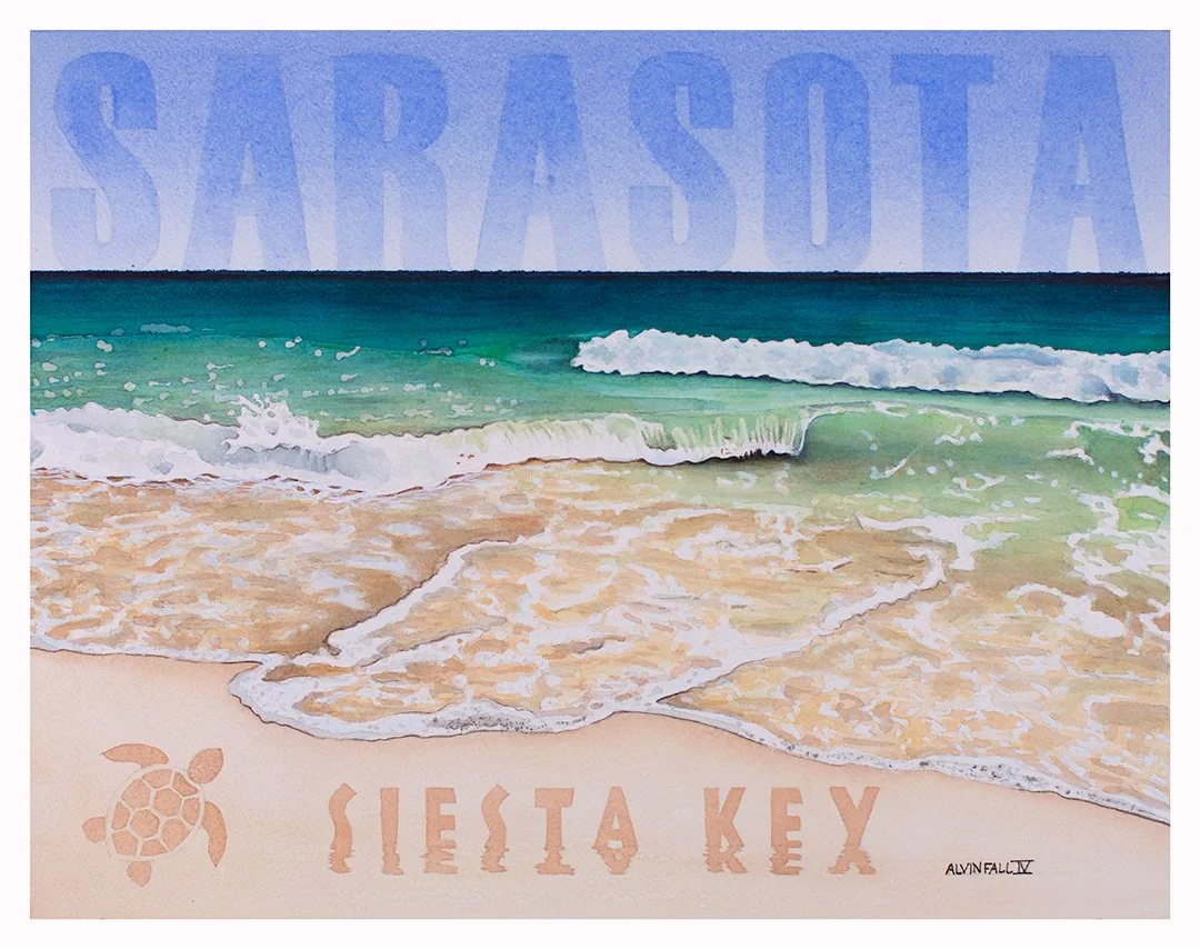 Watercolor painting of Siesta Key beach with turquoise Gulf waters, white sand, rolling waves, and hand-lettered SARASOTA and SIESTA KEY text with sea turtle motif