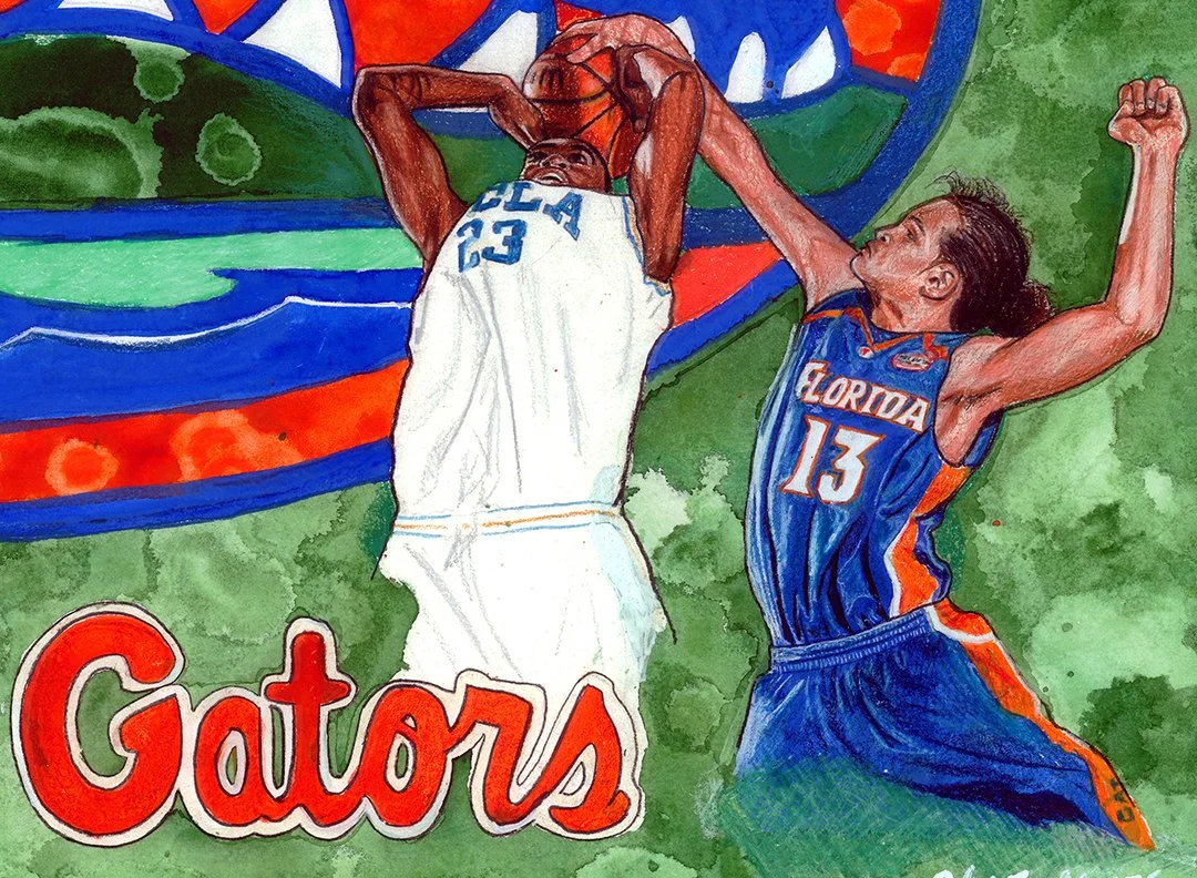 Joakim Noah (#13) executing a signature defensive play, rising to block an opponent's shot in the national championship game against the stylized Gators backdrop.
