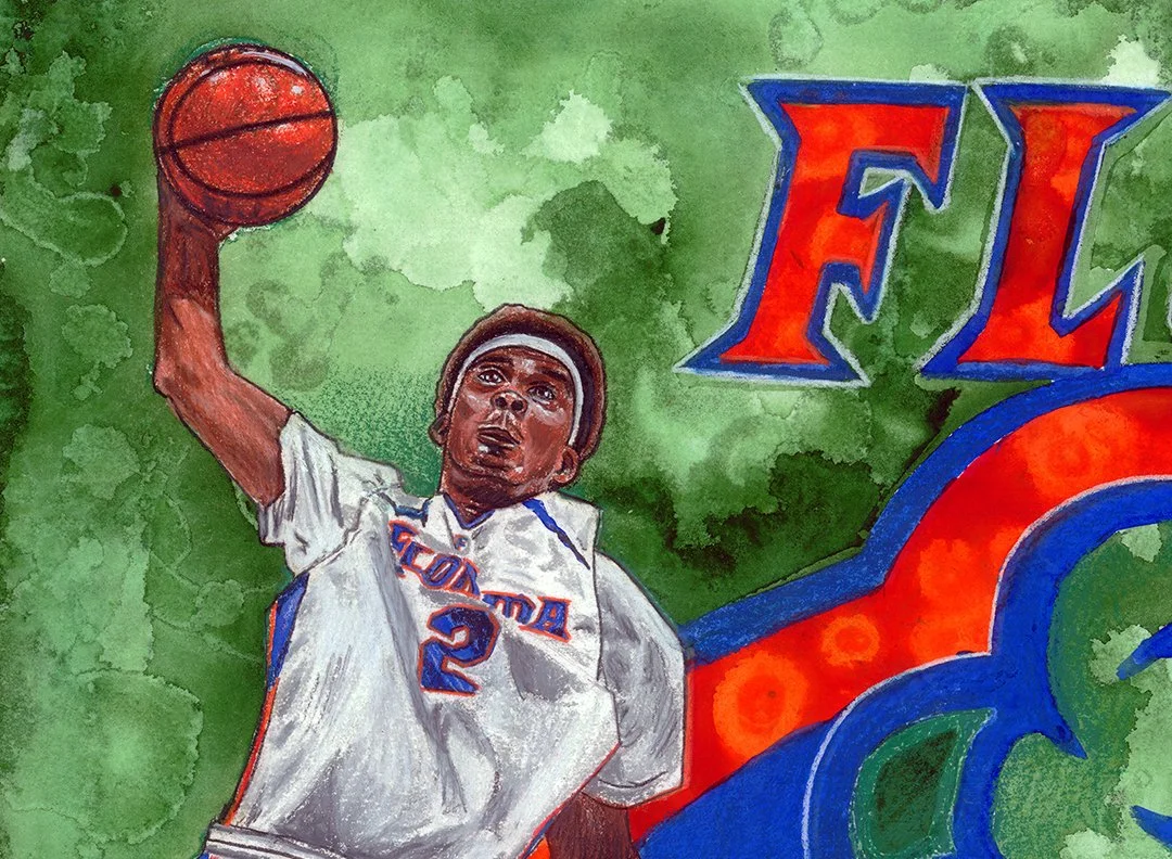 Close-up of Corey Brewer reaching for a basket during the national championship game, capturing the intensity and athleticism that helped lead the Gators to consecutive basketball titles.