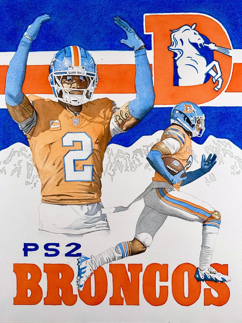 Pat Surtain II watercolor painting nearly complete.