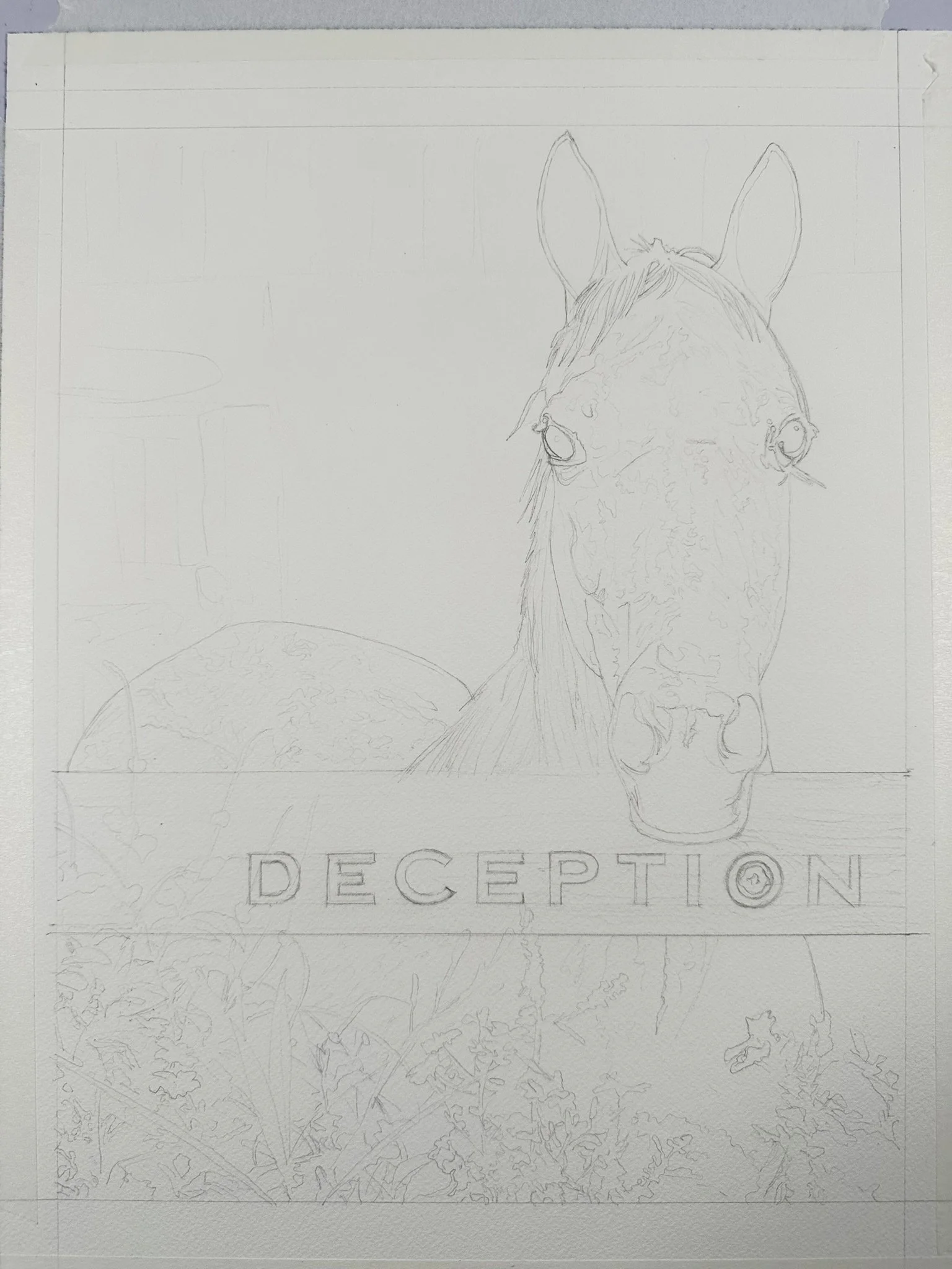 Line Drawing
Initial pencil drawing on Arches 140lb cold press watercolor paper, establishing the composition of Deception before any paint is applied.