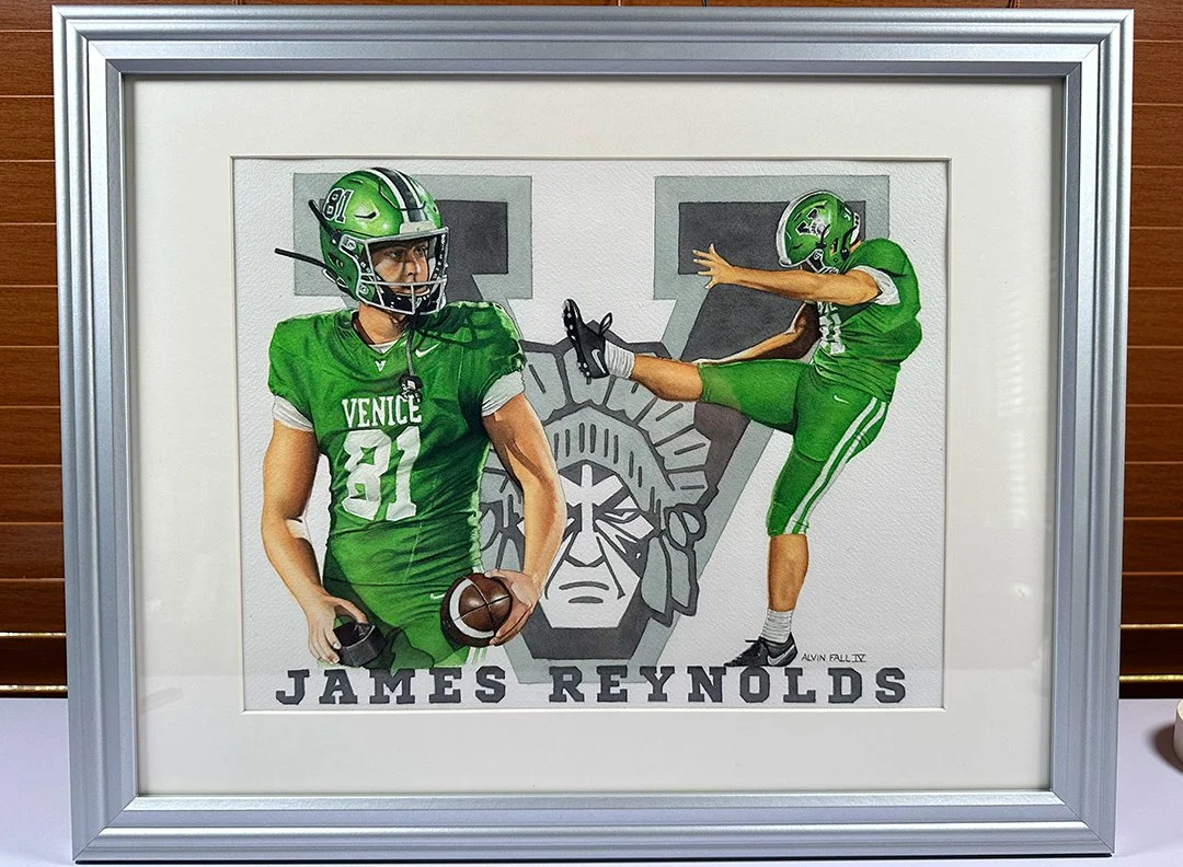 The finished original painting framed and matted — displayed in a silver frame with an 11x14 mat, ready for presentation.