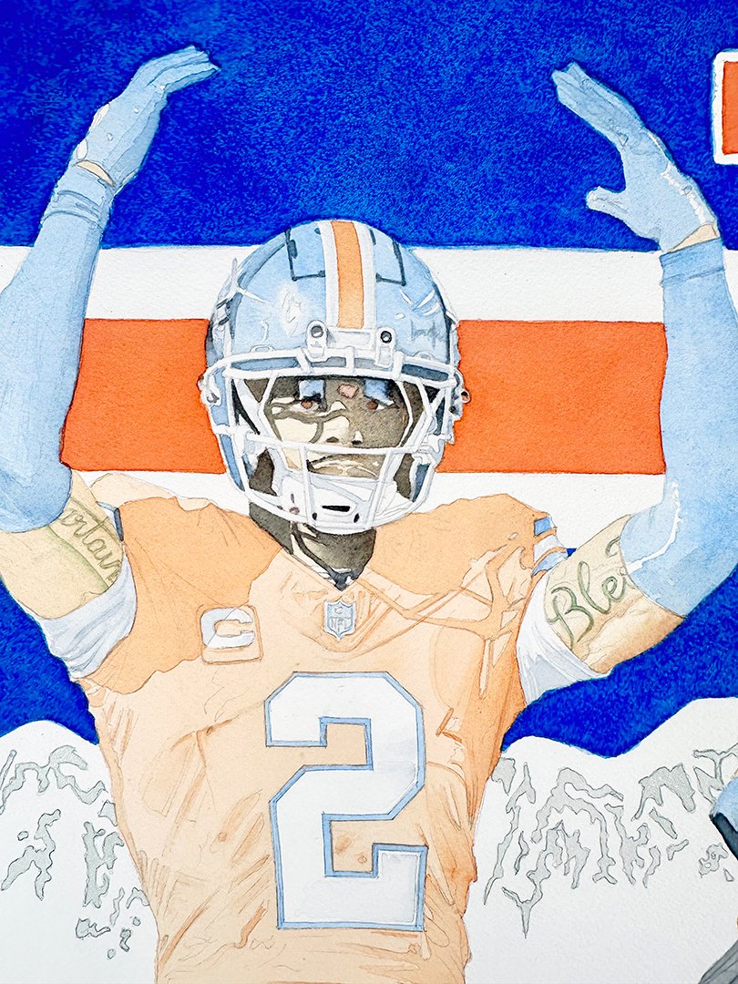 Beginning details of larger figure in Pat Surtain watercolor painting by Alvin Fall