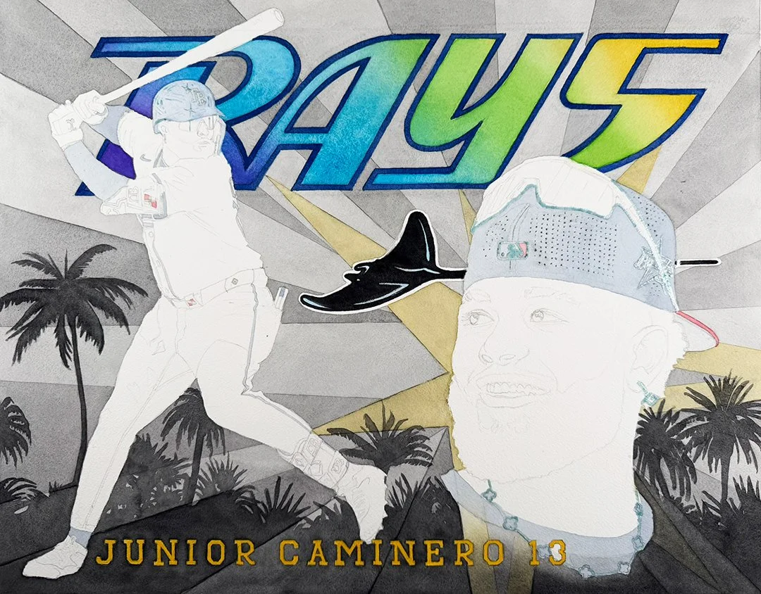 Base layer phase of Junior Caminero watercolor painting by Alvin Fall