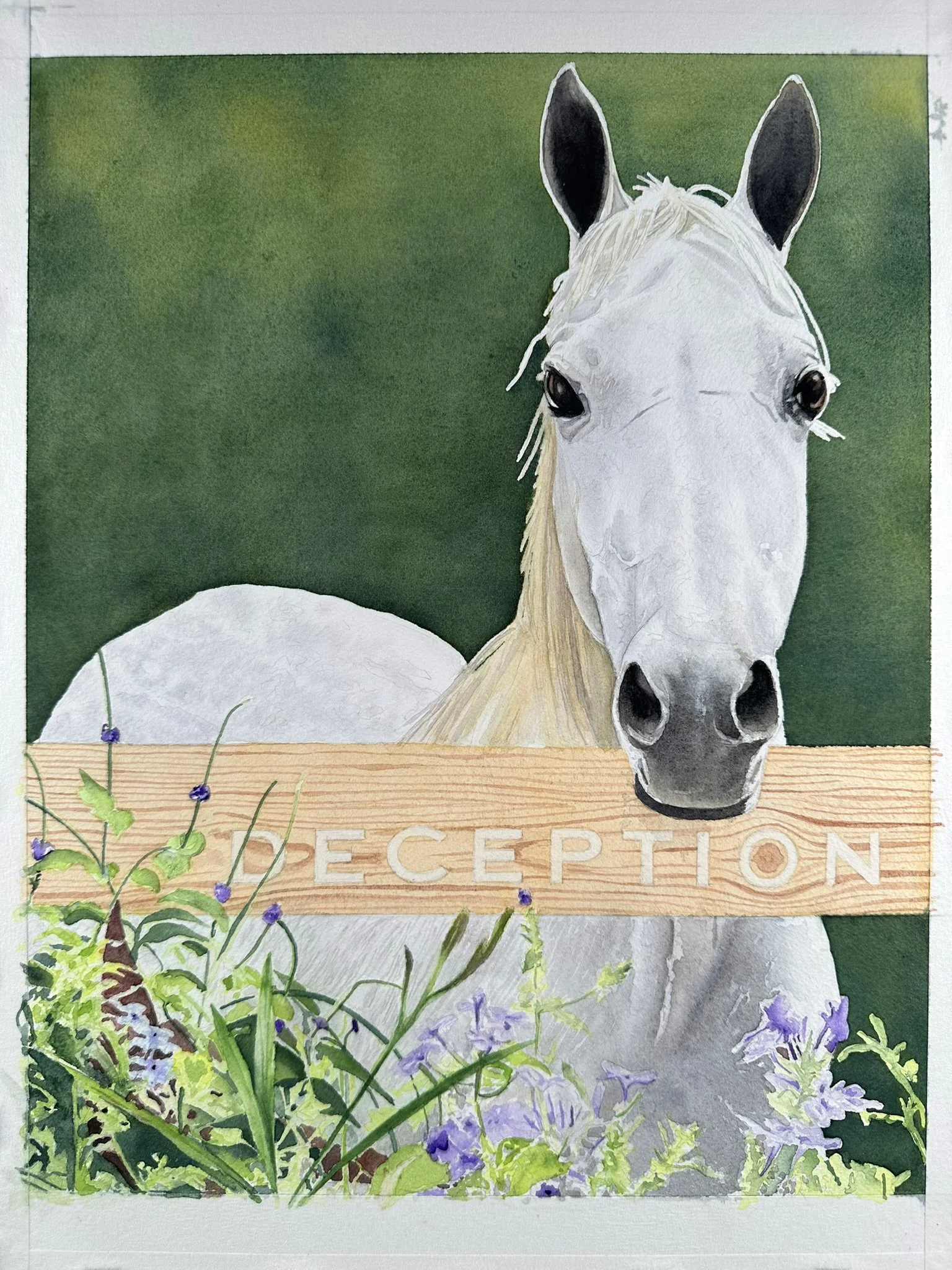 Early value washes defining the form of Deception's white coat, using layered glazes to build depth and dimension in the face and body.