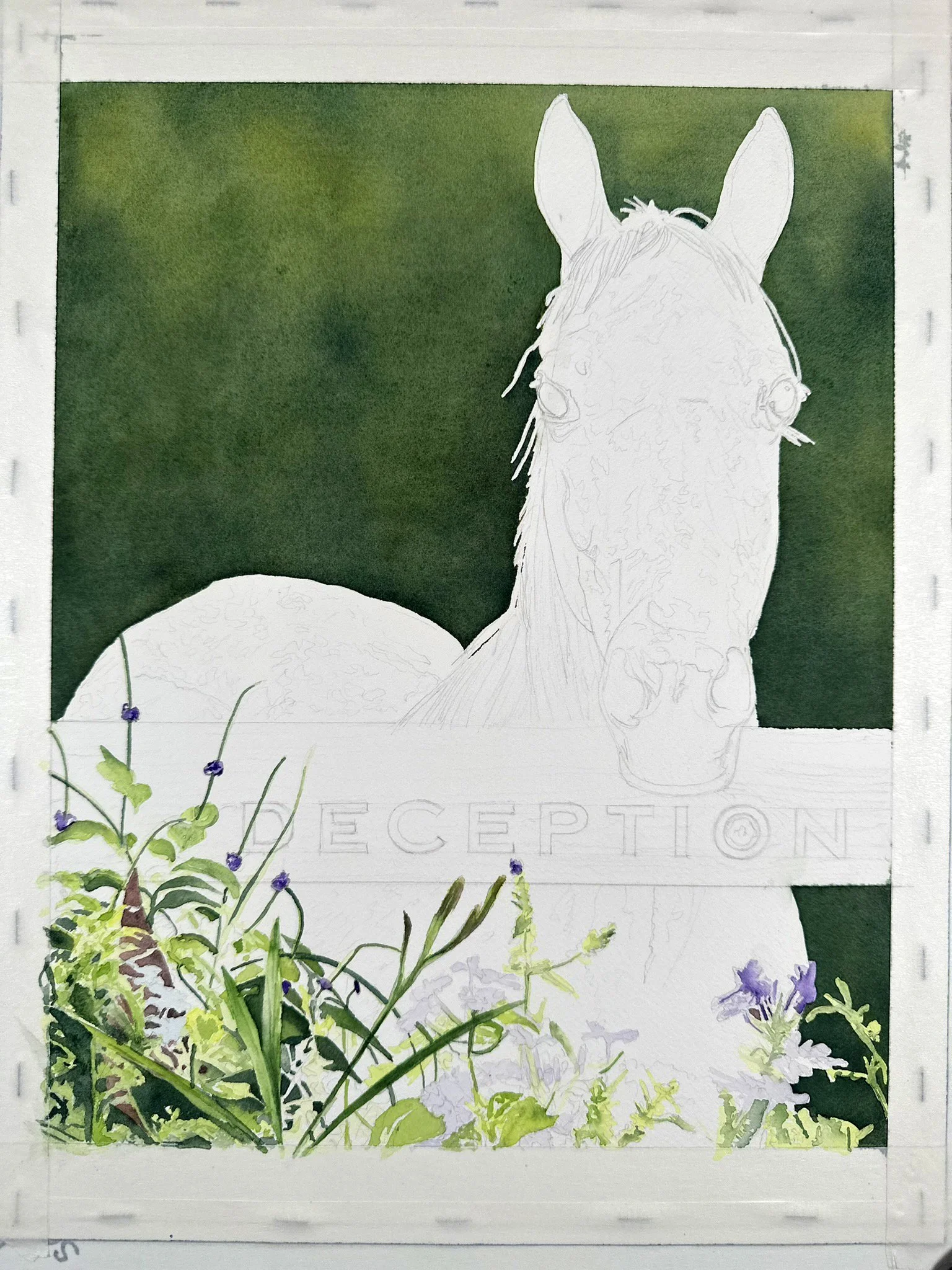 Purple wildflowers and green foliage painted in the foreground, framing the base of the composition around the fence rail.