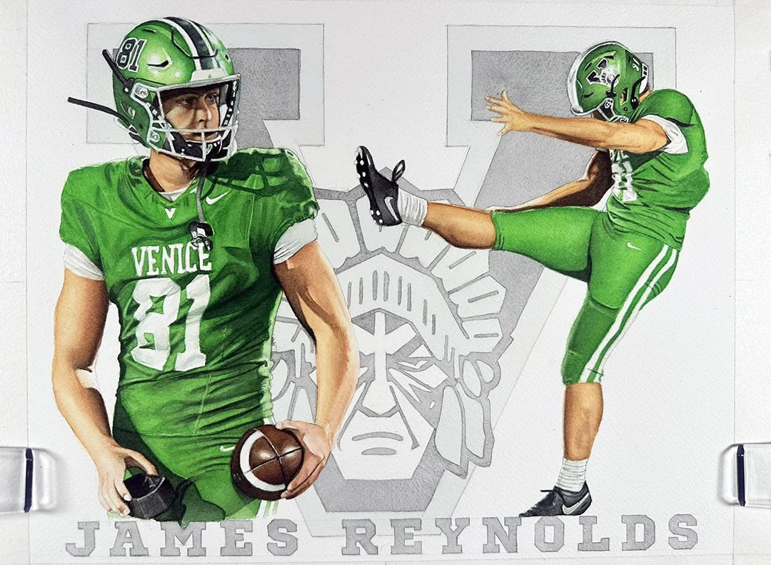 
The figures reach near-final detail — faces, arms, and uniforms fully rendered — as the background value and the Indians mascot await their final washes to lock in the finished composition.