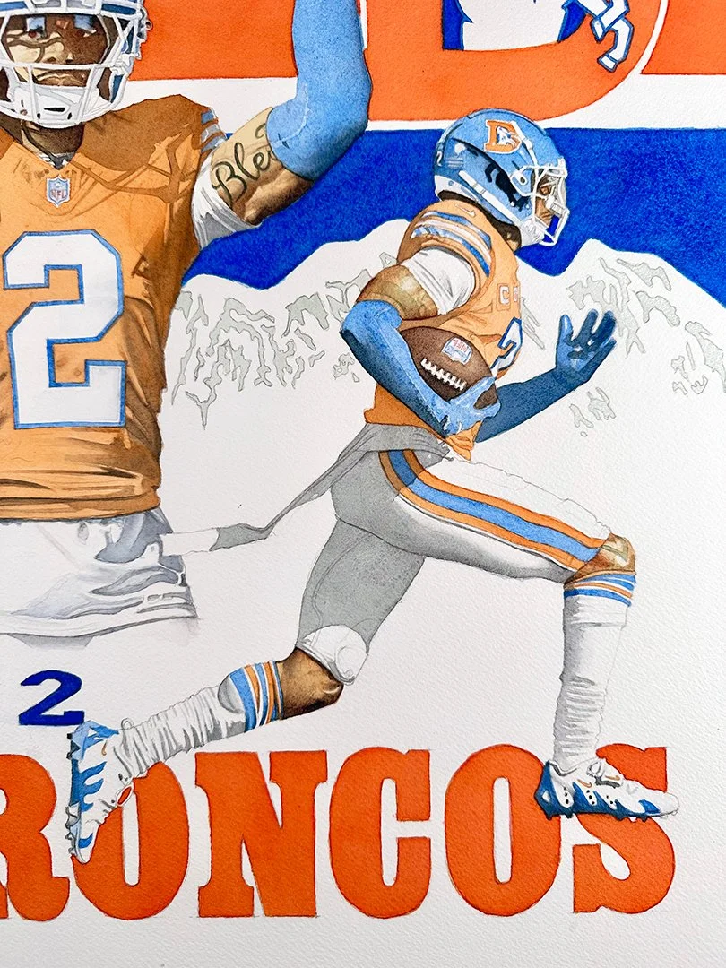 Pat Surtain II watercolor painting nearly complete.