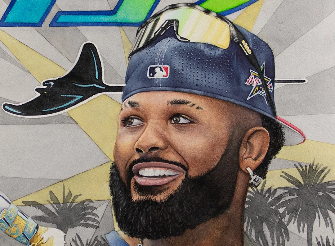 Close up showing Junior Caminero portrait detail.