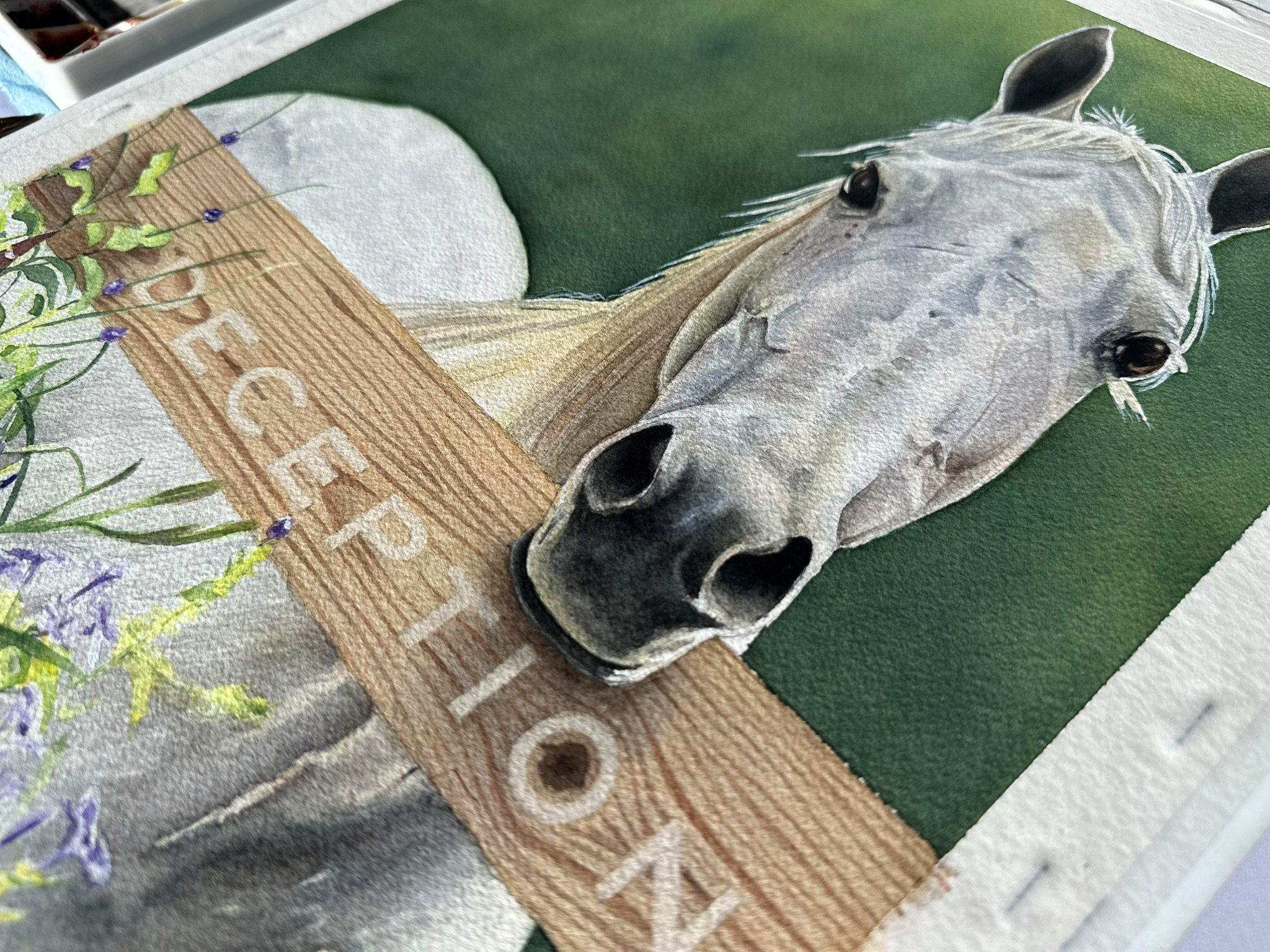 Detail crop of the finished painting showing the rich texture of Arches 140lb cold press watercolor paper and the layered brushwork in Deception's face and fence.
