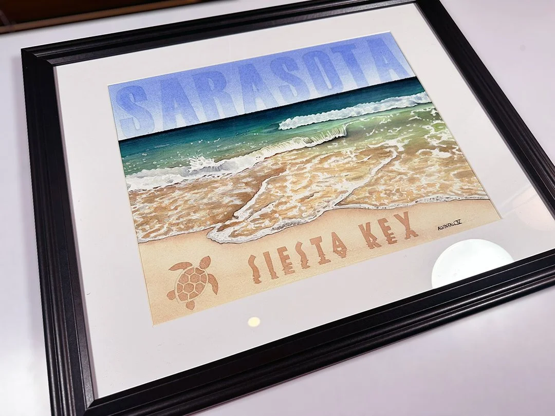 iesta Key Beach watercolor painting matted and framed in black frame, ready for display