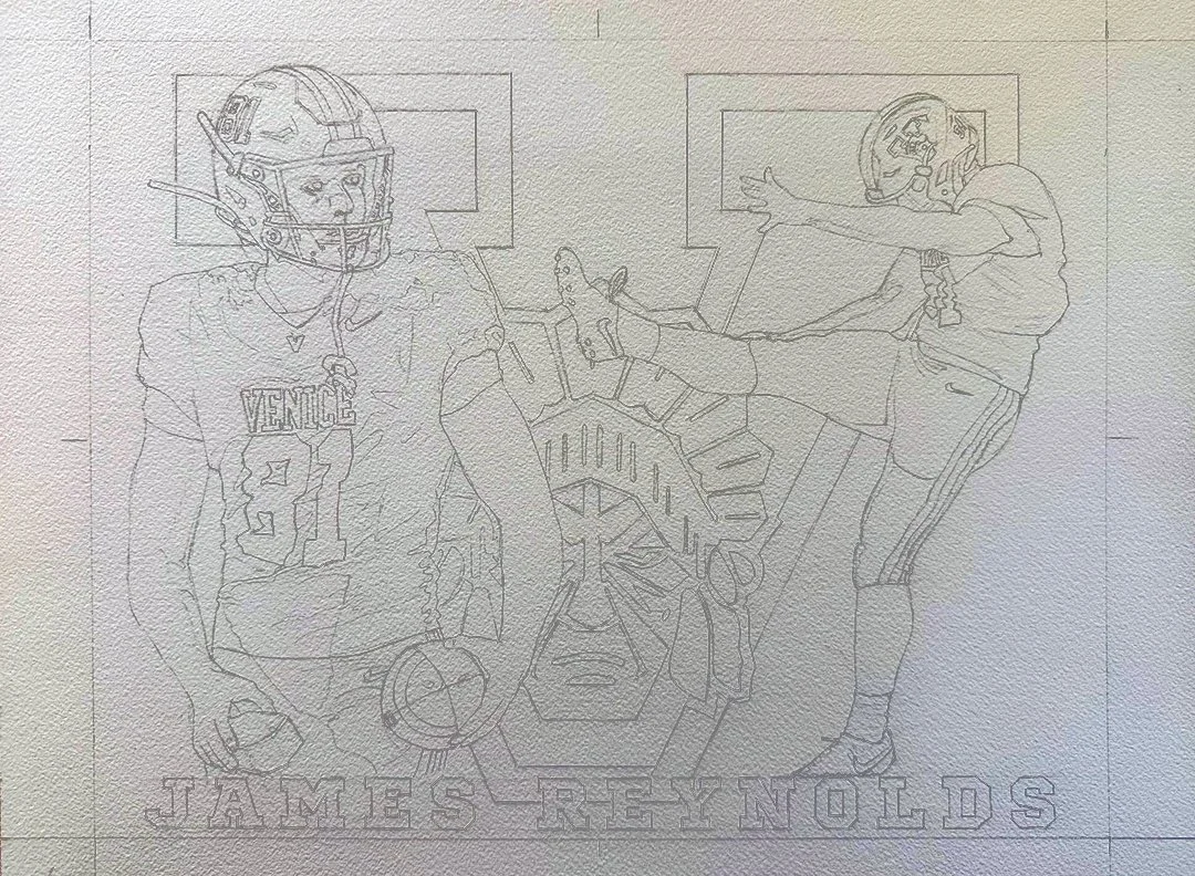 The completed pencil drawing — both poses, the Venice "V," the Indians mascot, and the name lettering all mapped out and ready for the first wash of watercolor.
