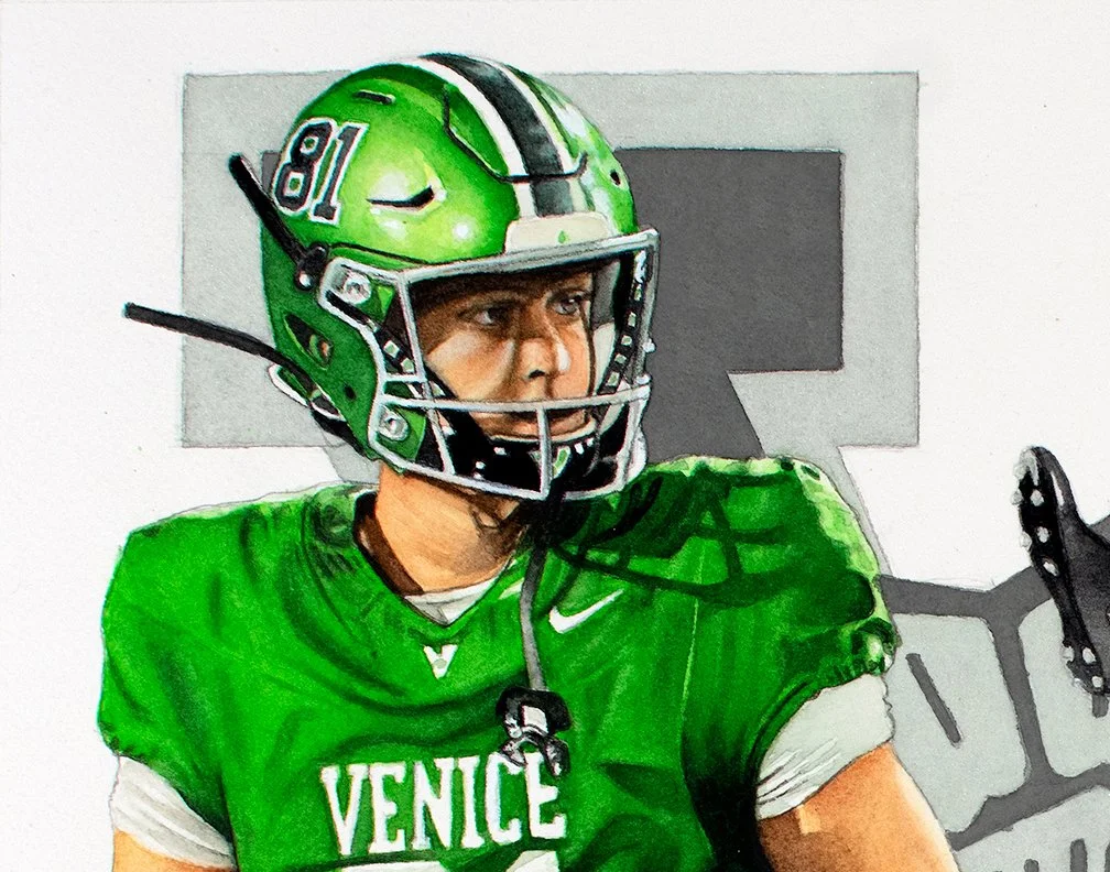 A detailed close-up of James Reynolds #81 in his Venice Indians uniform, showcasing the intricate watercolor work on his helmet, face, and jersey details.